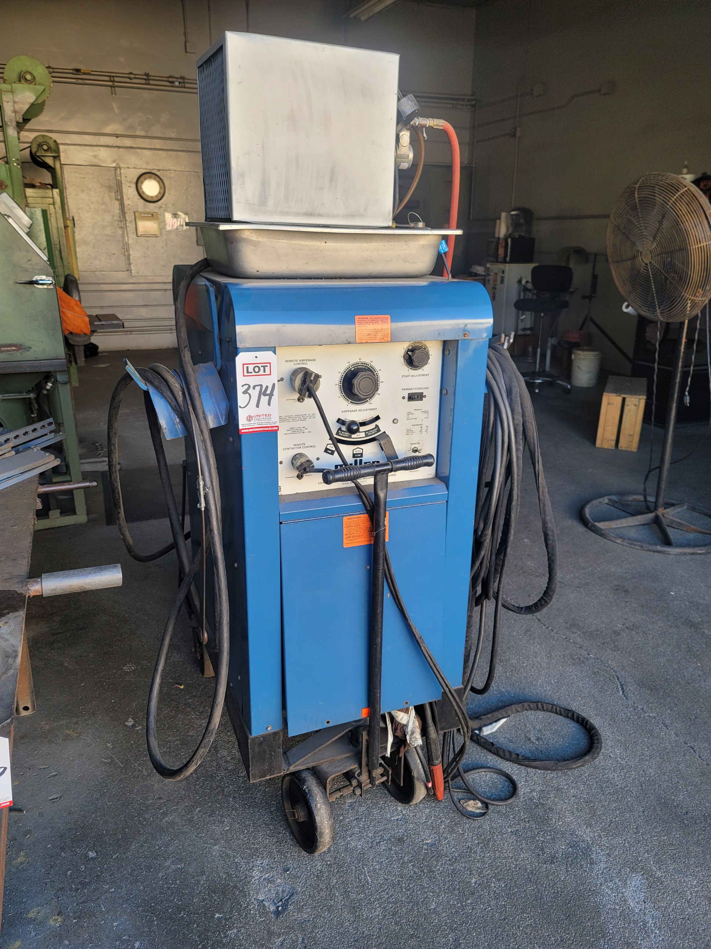 MILLER 330 A/BP CONSTANT CURRENT AC/DC ARC WELDING POWER SOURCE, S/N JB569578, W/ WATER COOLER, TIG GUN, FOOT PEDAL-374