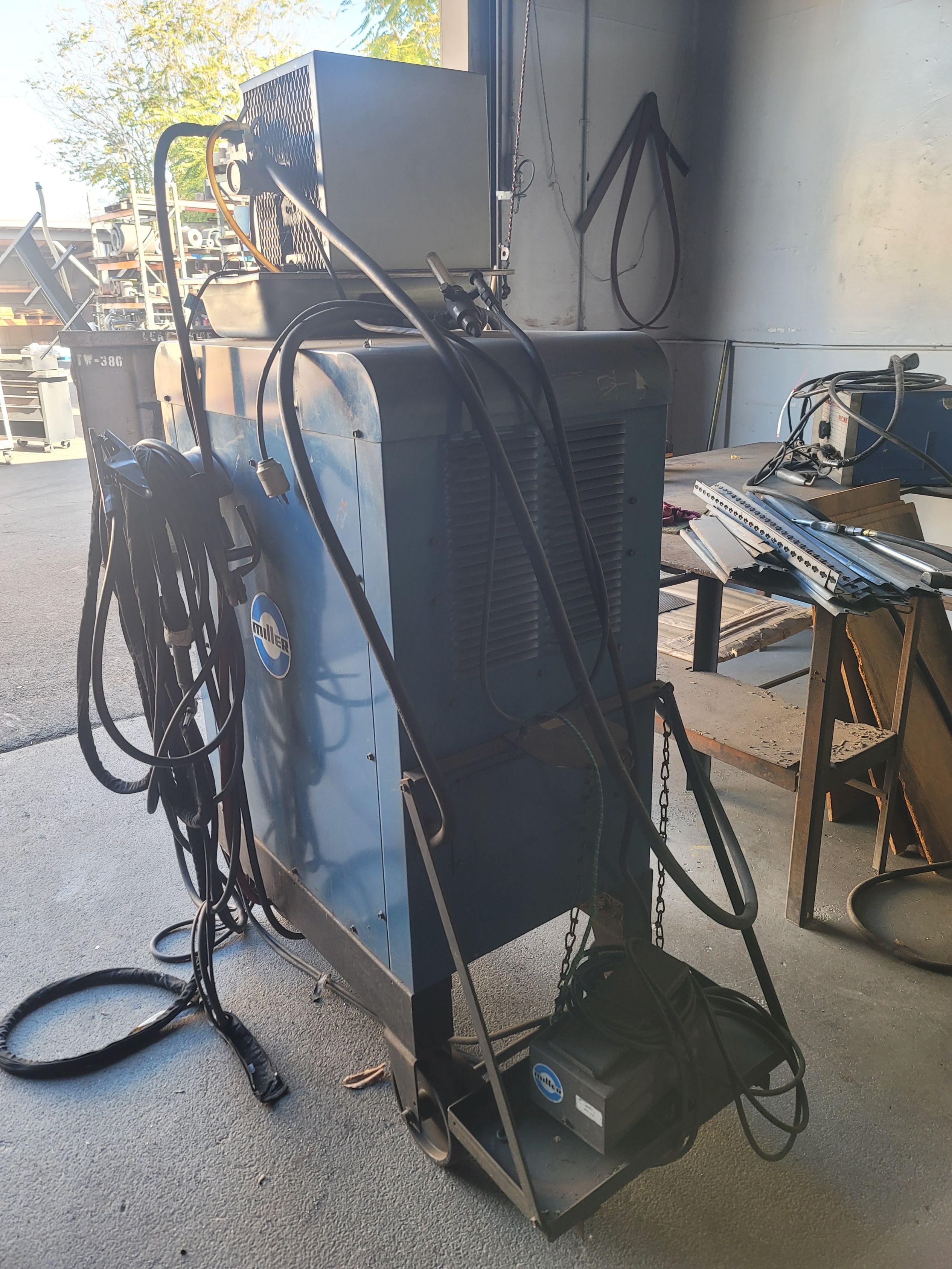 MILLER 330 A/BP CONSTANT CURRENT AC/DC ARC WELDING POWER SOURCE, S/N JB569578, W/ WATER COOLER, TIG GUN, FOOT PEDAL-374