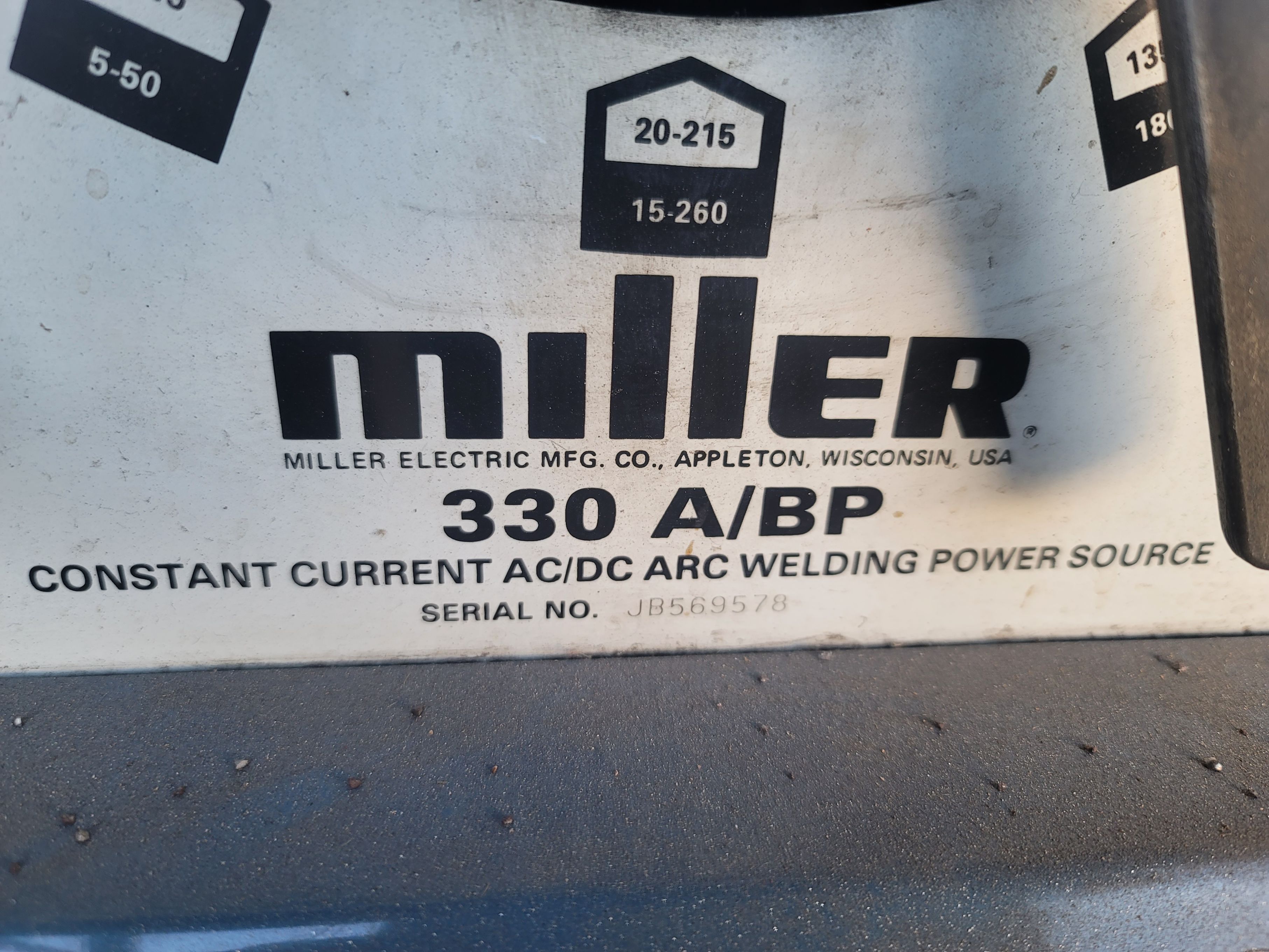 MILLER 330 A/BP CONSTANT CURRENT AC/DC ARC WELDING POWER SOURCE, S/N JB569578, W/ WATER COOLER, TIG GUN, FOOT PEDAL-374