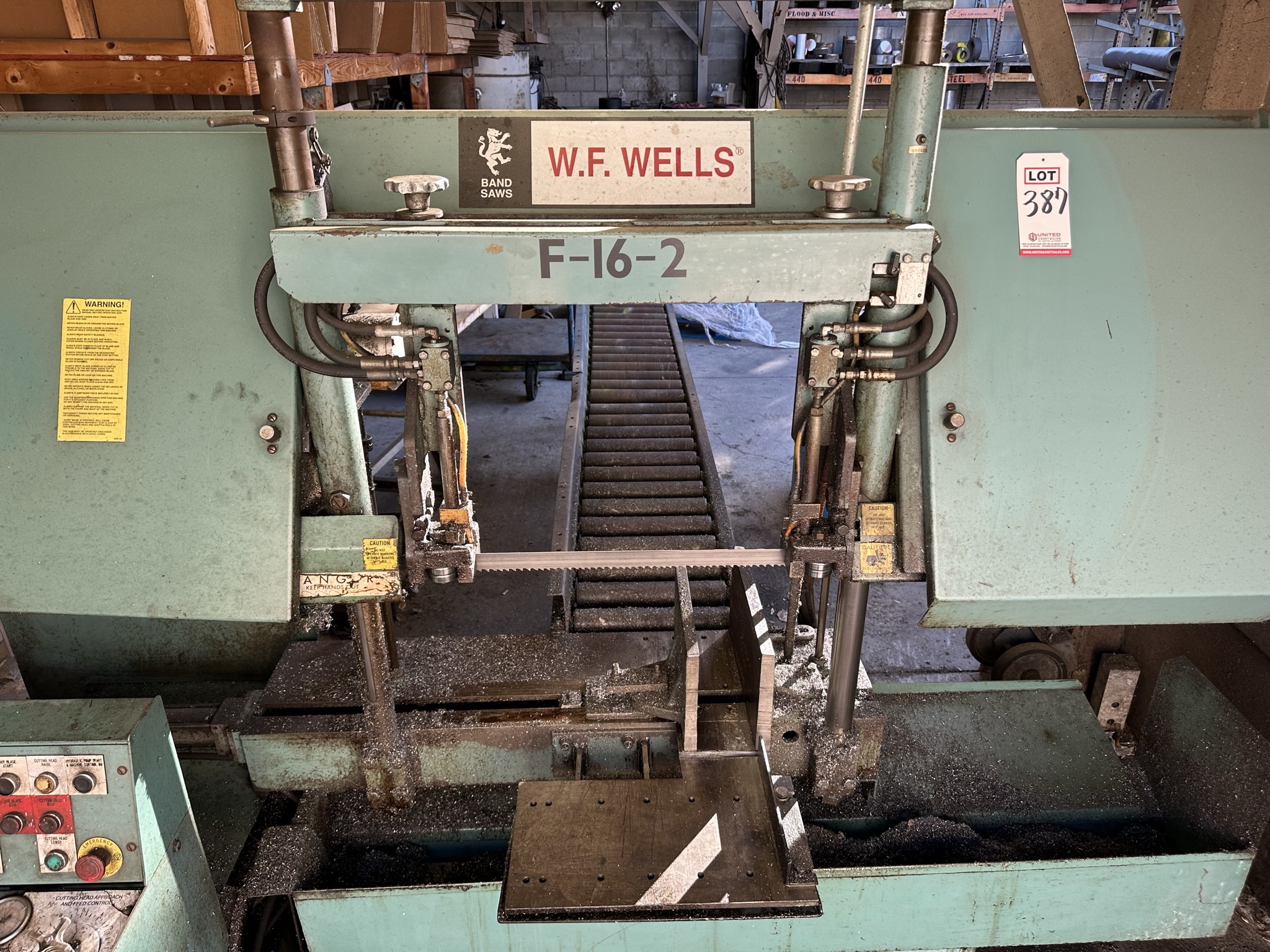 W.F. WELLS HORIZONTAL BAND SAW, MODEL F-16-2, S/N A3480-F11819, W/ 10' OF 14" ROLLER CONVEYOR-387