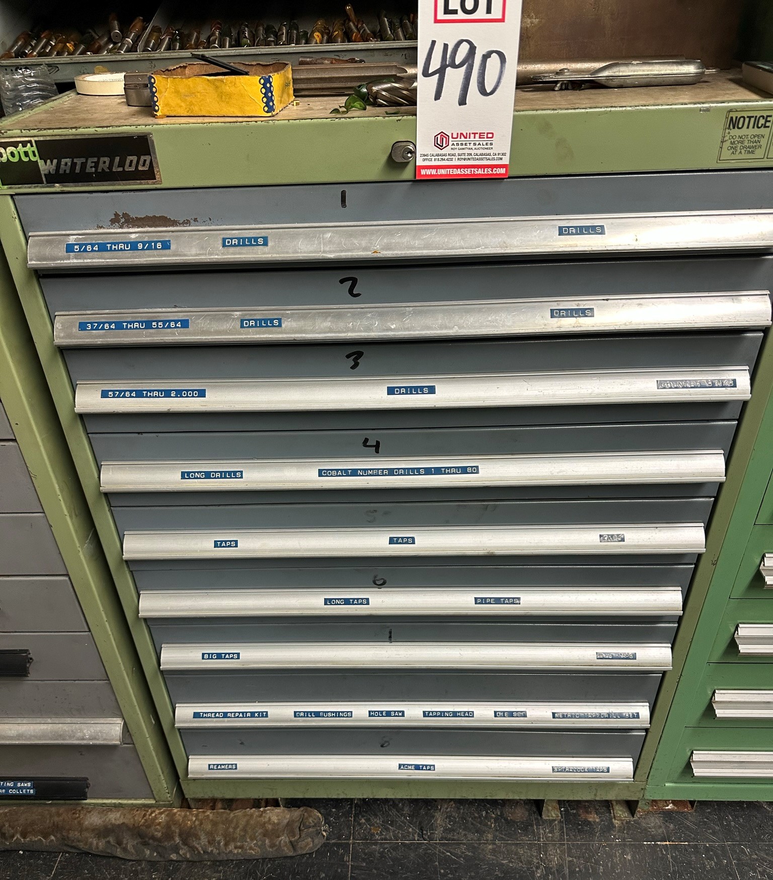 WATERLOO 9-DRAWER TOOL CABINET, W/ CONTENTS OF TOOLING, TO INCLUDE: DRILLS, TAPS, DIES, ETC.-490