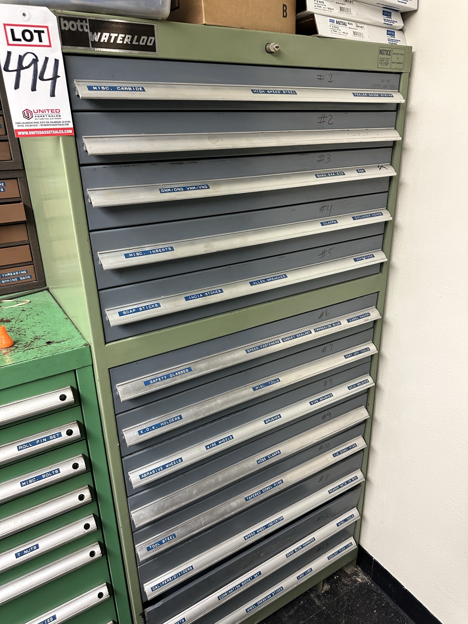 WATERLOO 13-DRAWER TOOL CABINET, W/ CONTENTS, TO INCLUDE: HARDWARE, MISC. TOOL & MAINTENANCE ITEMS-494