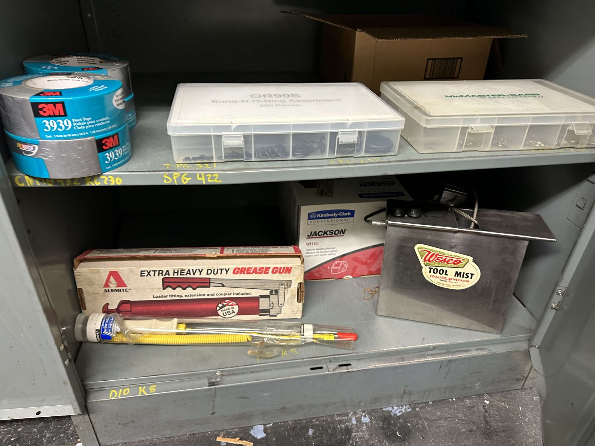 LOT - 2-DOOR STORAGE CABINET, W/ CONTENTS, TO INCLUDE: WELLER INDUSTRIAL 300/200 WATT SOLDER GUN KIT, WESCO TOOL MIST COOLANT GENERATOR, TAP WRENCHES, WD-40, STEEL BLUE LAYOUT FLUID, ETC.-498