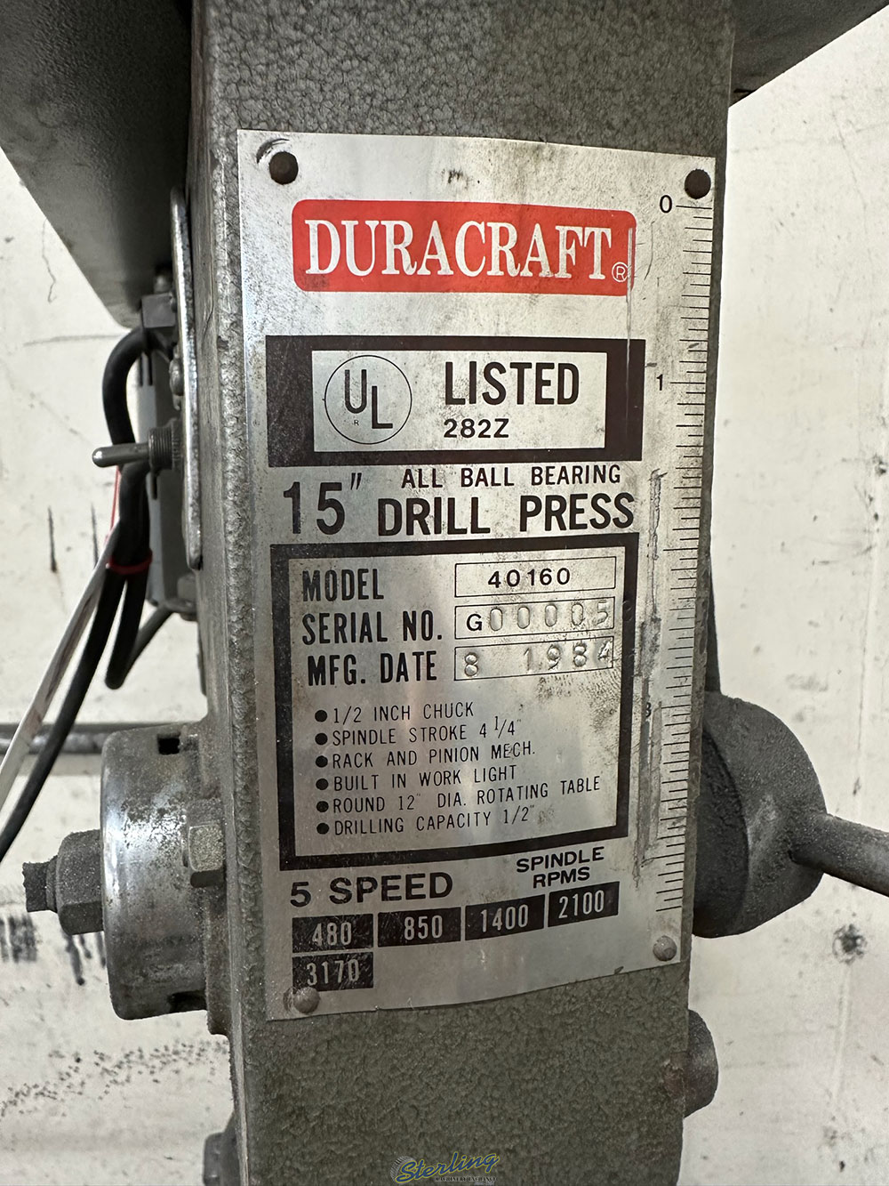 DURACRAFT 15inch DRILL PRESS MODEL 40160 5 SPEED BENCHTOP MODEL S N G00005-1