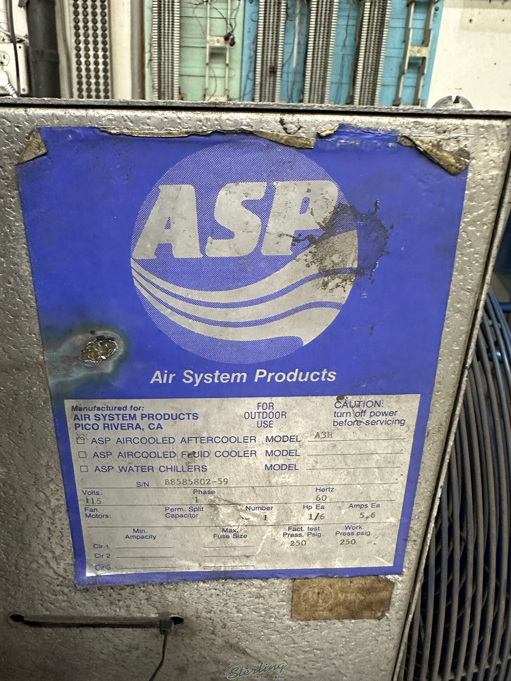 AIR SYSTEM PRODUCTS AIRCOOLED AFTERCOOLER MODEL A3H S N B8585802 59-15