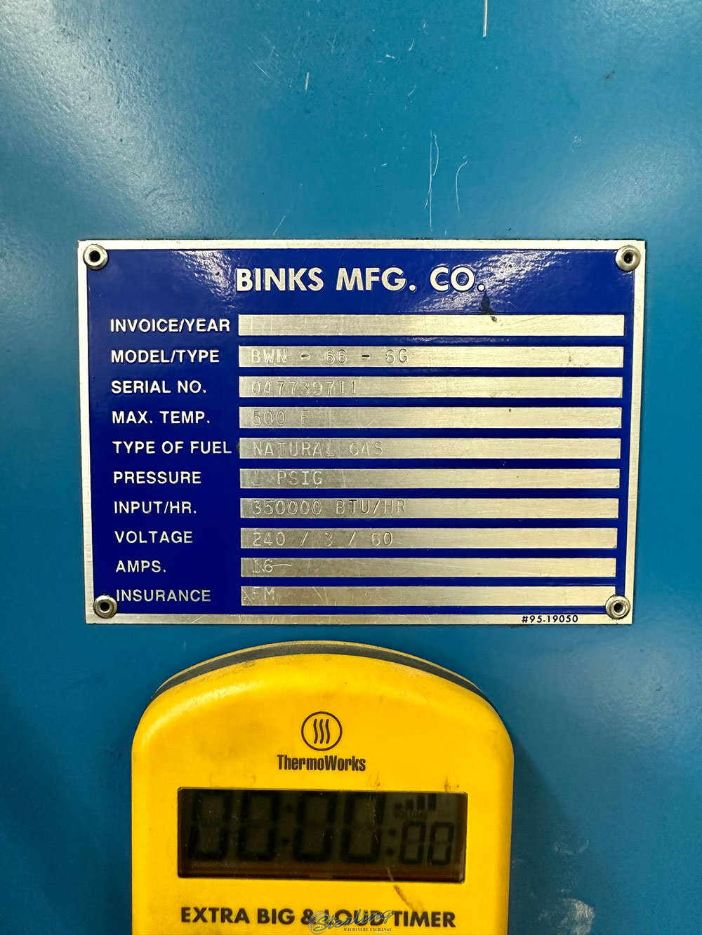BINKS BWN 66 6G WALK IN OVEN NATURAL GAS 350000 BTU 500 degree F MAX TEMP S N 047739711-18A