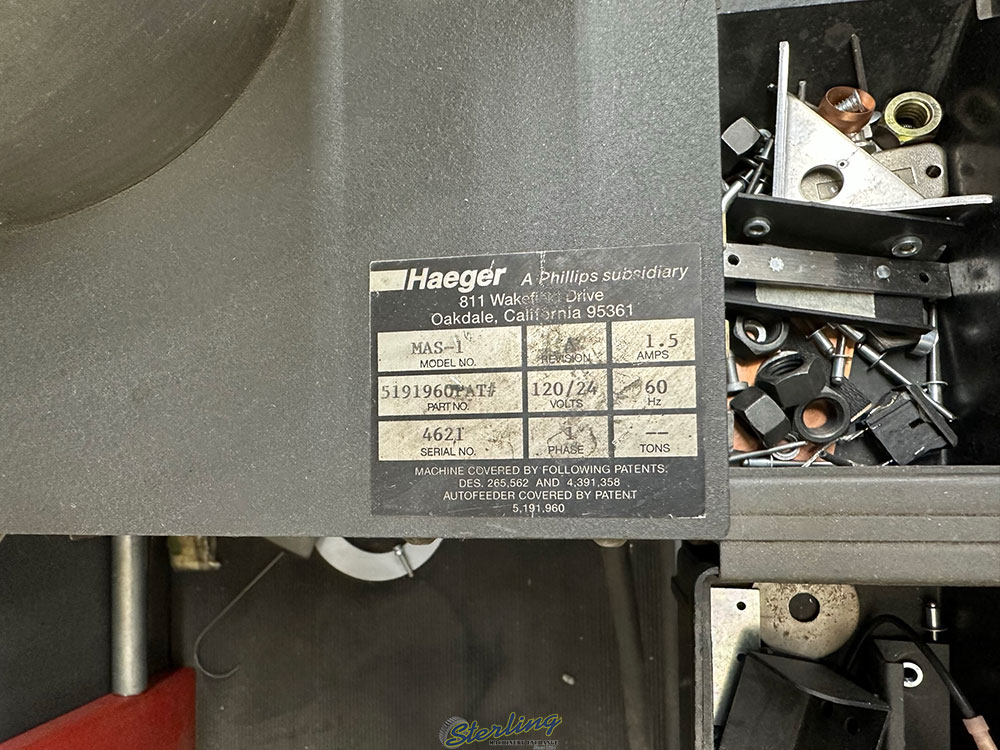 2000 HAEGER 618 INSERTION PRESS W  AUTOFEED SYSTEM MODEL 618 1L S N O6L 00776-24