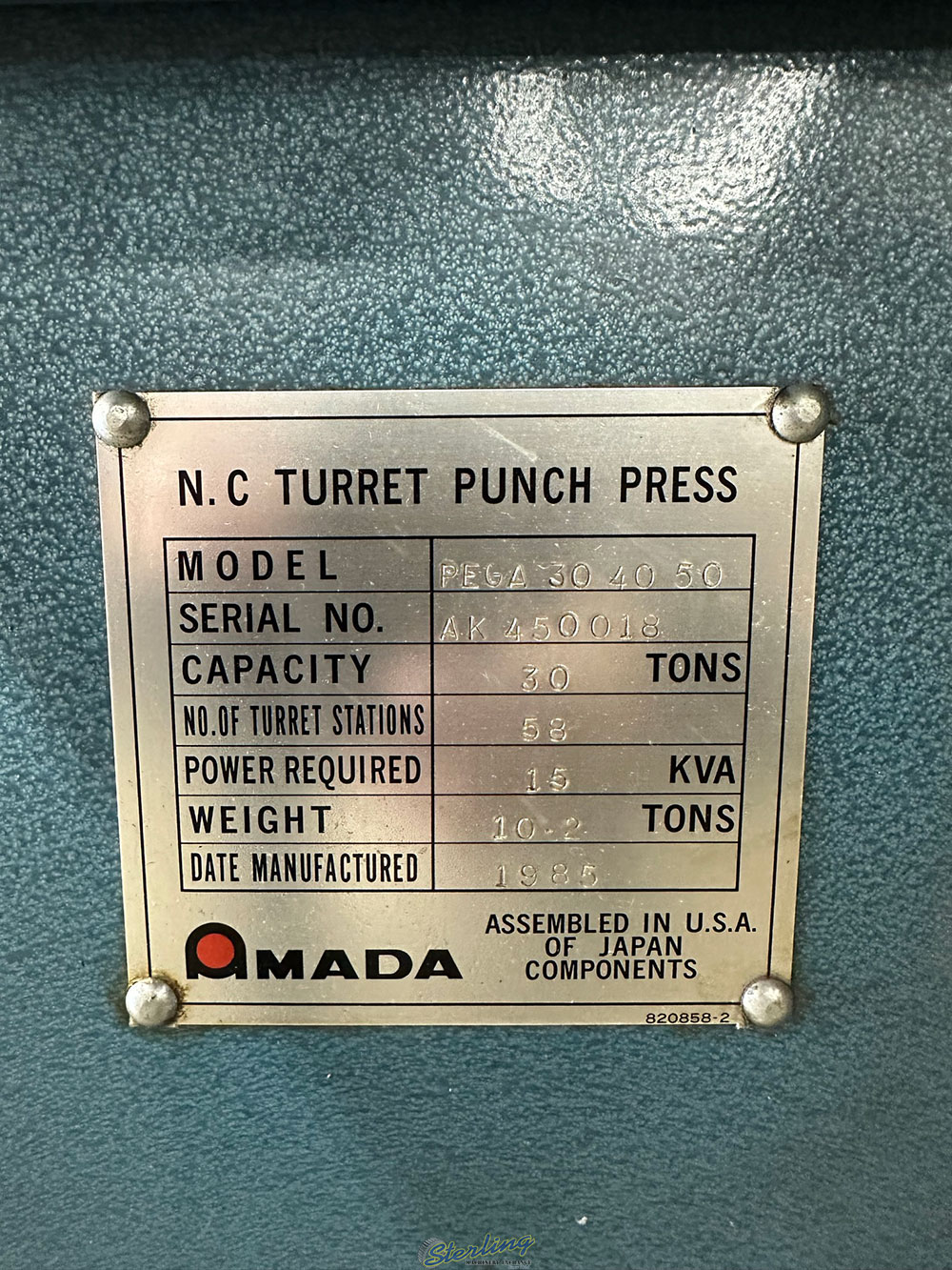 1985 AMADA TURRET PUNCH PRESS MODEL PEGA 345 KING 30 TON 58 STATION 40inch X 50inch SHEET SIZE THICK TURRET BALL TABLE FANUC P 6M CNC CONTROL UNISORB VIBRATION ISOLATION PADS NEW CLUTCH AND BRAKE INSTALLED APPROX. 1 YEAR AGO S N AK450018-31