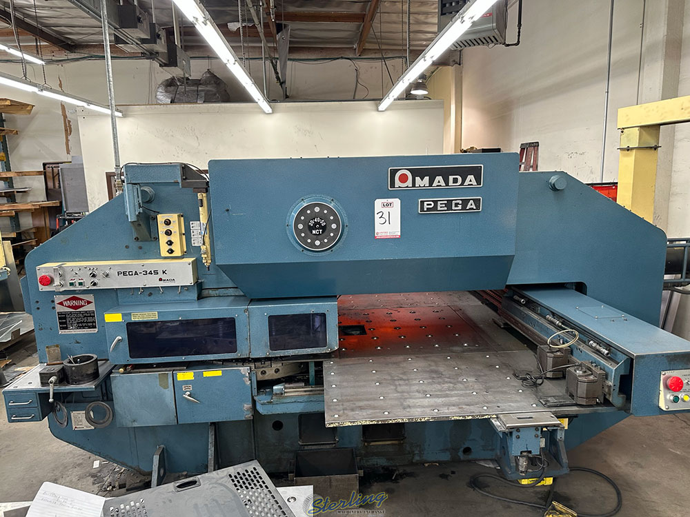 1985 AMADA TURRET PUNCH PRESS MODEL PEGA 345 KING 30 TON 58 STATION 40inch X 50inch SHEET SIZE THICK TURRET BALL TABLE FANUC P 6M CNC CONTROL UNISORB VIBRATION ISOLATION PADS NEW CLUTCH AND BRAKE INSTALLED APPROX. 1 YEAR AGO S N AK450018-31