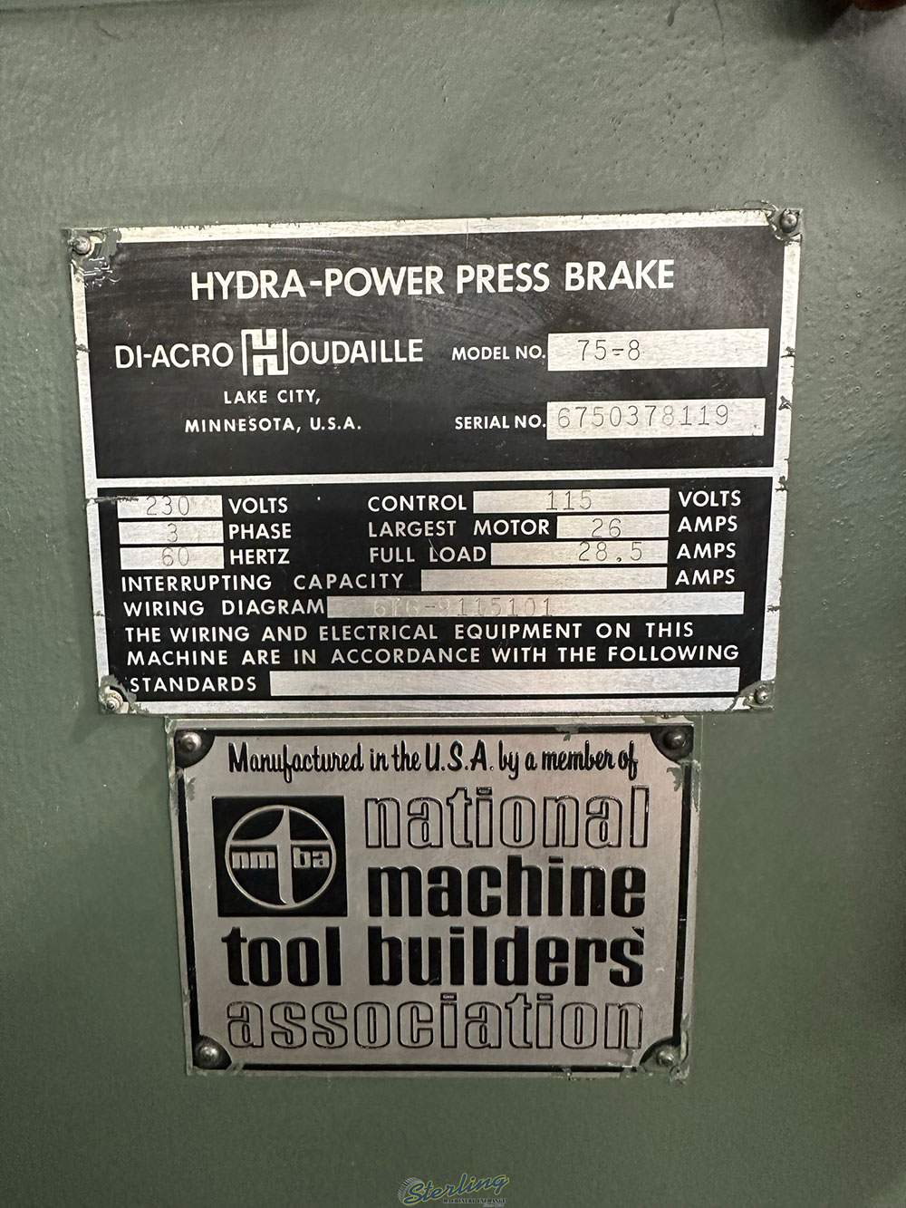 DI ACRO 8 ft HYDRA POWER PRESS BRAKE MODEL 75 8 8 ft X 75 TON CAPACITY MECHANICAL DRC FRONT OPERATED BACK GAGE S N 6750378119-32