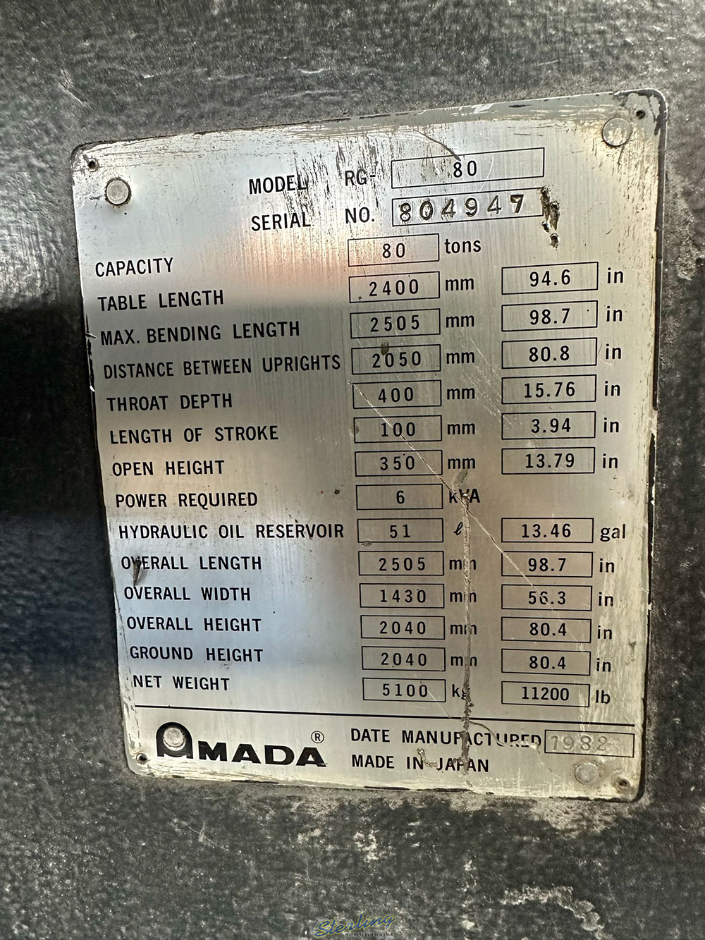 1982 AMADA 8 ft PRESS BRAKE MODEL RG 8025 8 ft X 80 TON CAPACITY NC9 EX II CNC CONTROL S N 804947-33