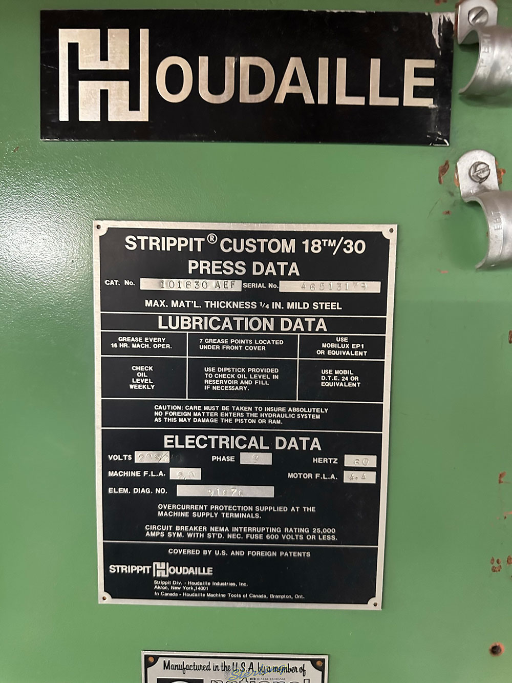 STRIPPIT CUSTOM 18 30 SINGLE END 30 TON PUNCH PRESS CAT. NO. 101830 AEF MATERIAL THICKNESS: 1 4inch MILD STEEL S N 46513179 W  PUNCH DIES-34