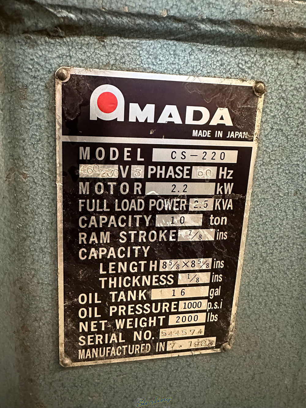 AMADA HYDRAULIC CORNER NOTCHER MODEL CS 220 8 5 8inch X 8 5 8inch X 10 GAUGE S N 544574-36