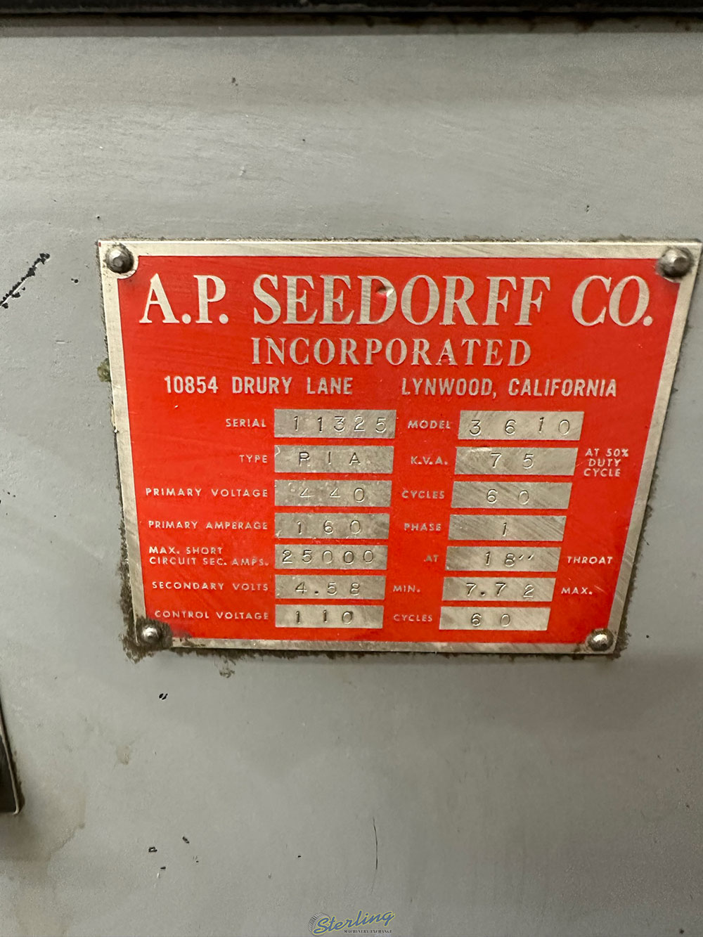 SEEDORFF SPOT WELDER MODEL 3010 75 KVA 12? ARMS S N 11325-40
