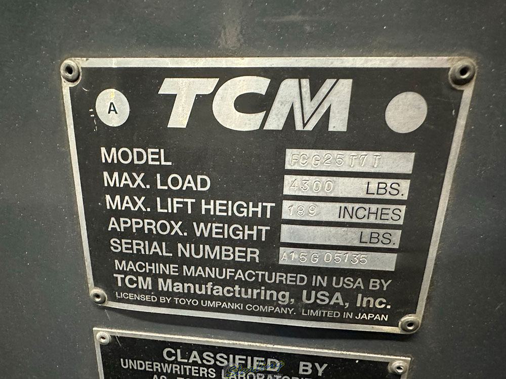TCM LPG FORKLIFT MODEL FCG25T7T 4300 LB CAPACITY SIDE SHIFT 3 STAGE MAST SOLID TIRES LOAD LIGHTS 04321 HOURS S N A15G05135 (DELAYED PICKUP UNTIL JULY 24 2023)-46