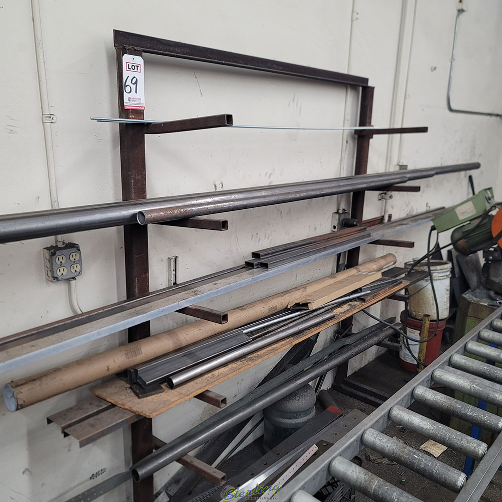 LOT   MATERIAL RACK W  MISC. PIPE CHANNEL RECTANGLE STOCK UP TO 20 ft LENGTHS-69