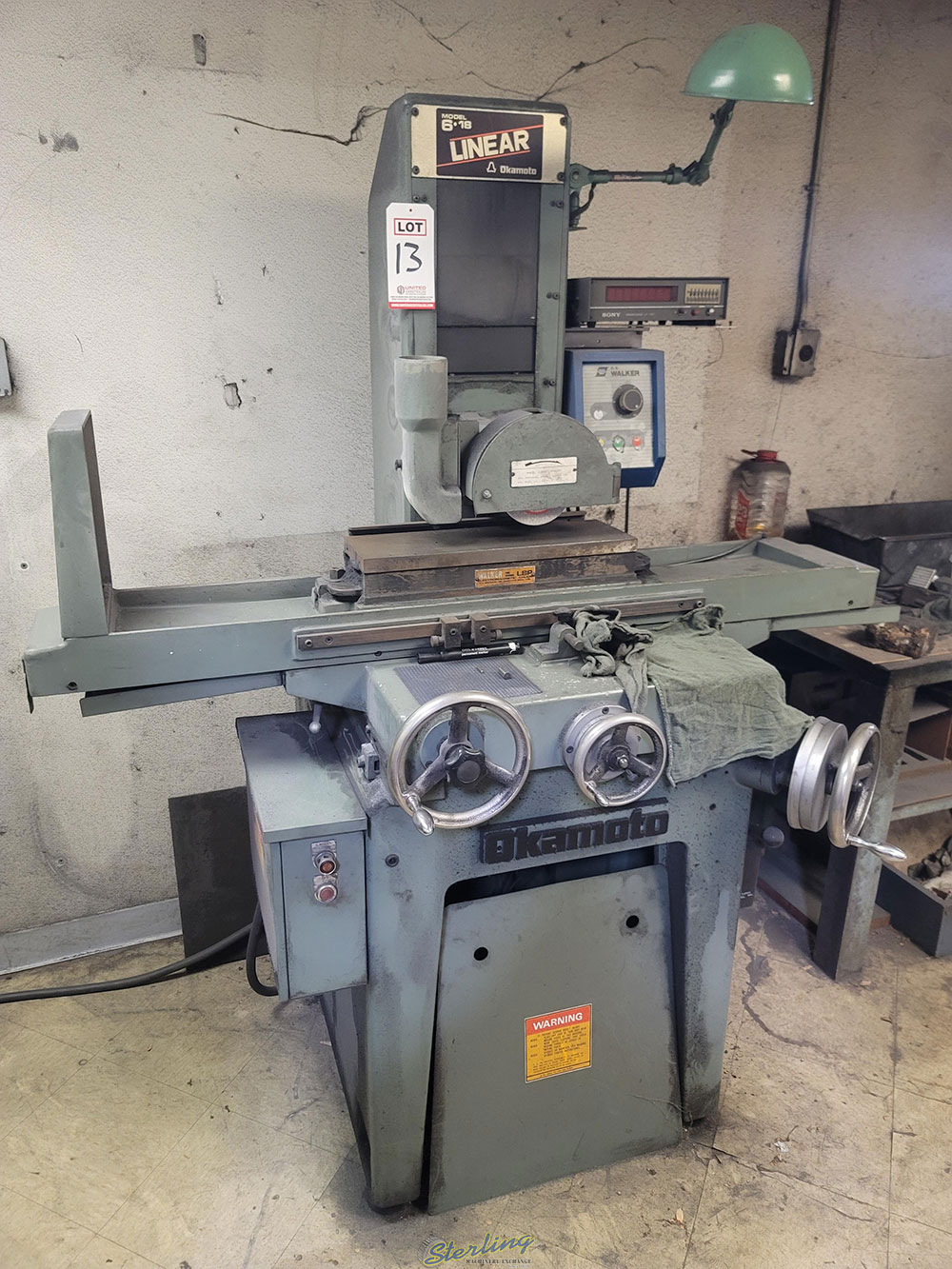 OKAMOTO LINEAR 618 SURFACE GRINDER, SONY MAGNESCALE LF-200 DIGITAL POSITION READOUT, WALKER 6" X 18" ELECTROMAGNETIC CHUCK, WALKER MAGNETIC CHUCK CONTROL-13