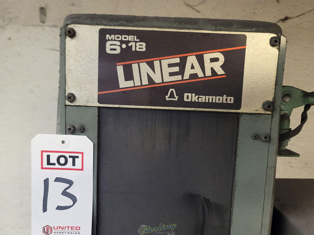 OKAMOTO LINEAR 618 SURFACE GRINDER, SONY MAGNESCALE LF-200 DIGITAL POSITION READOUT, WALKER 6" X 18" ELECTROMAGNETIC CHUCK, WALKER MAGNETIC CHUCK CONTROL-13