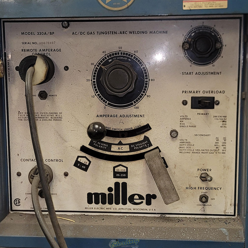MILLER AC/DC GAS TUNGSTEN ARC WELDING MACHINE, MODEL 330A/BP, S/N HD676497, W/ ARGON CYLINDER, FOOT SWITCH-20