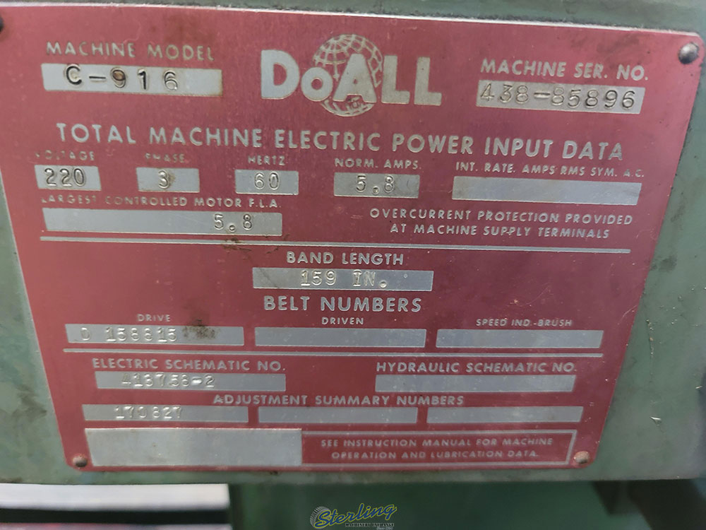 DoAll-DOALL HORIZONTAL BAND SAW, MODEL C-916, S/N 438-85896-27