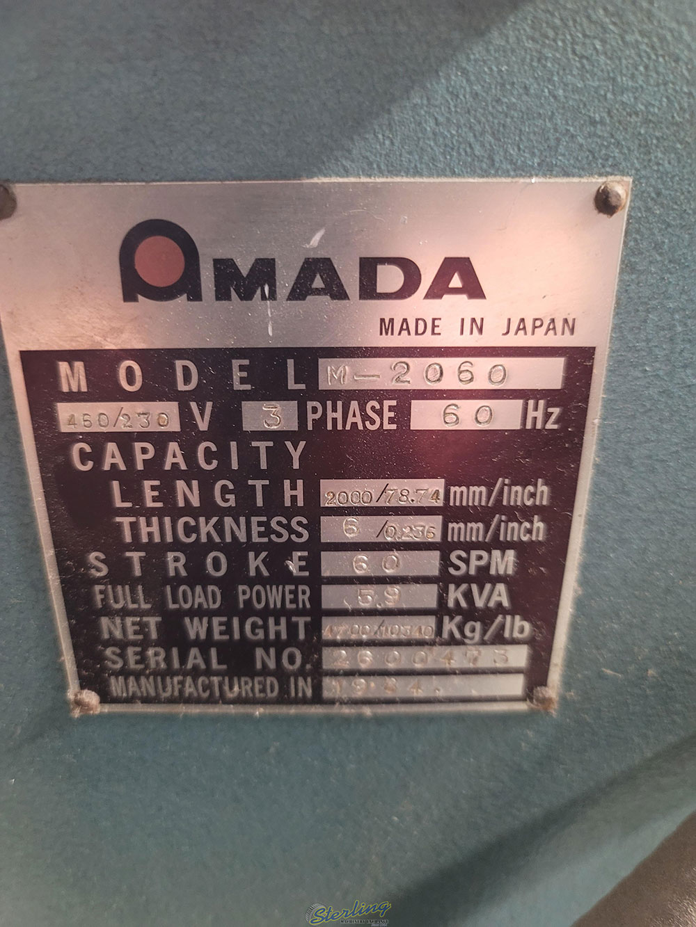 Amada-AMADA 6' X 1/4" POWER SQUARING SHEAR, MODEL M-2060, S/N 2600473-28