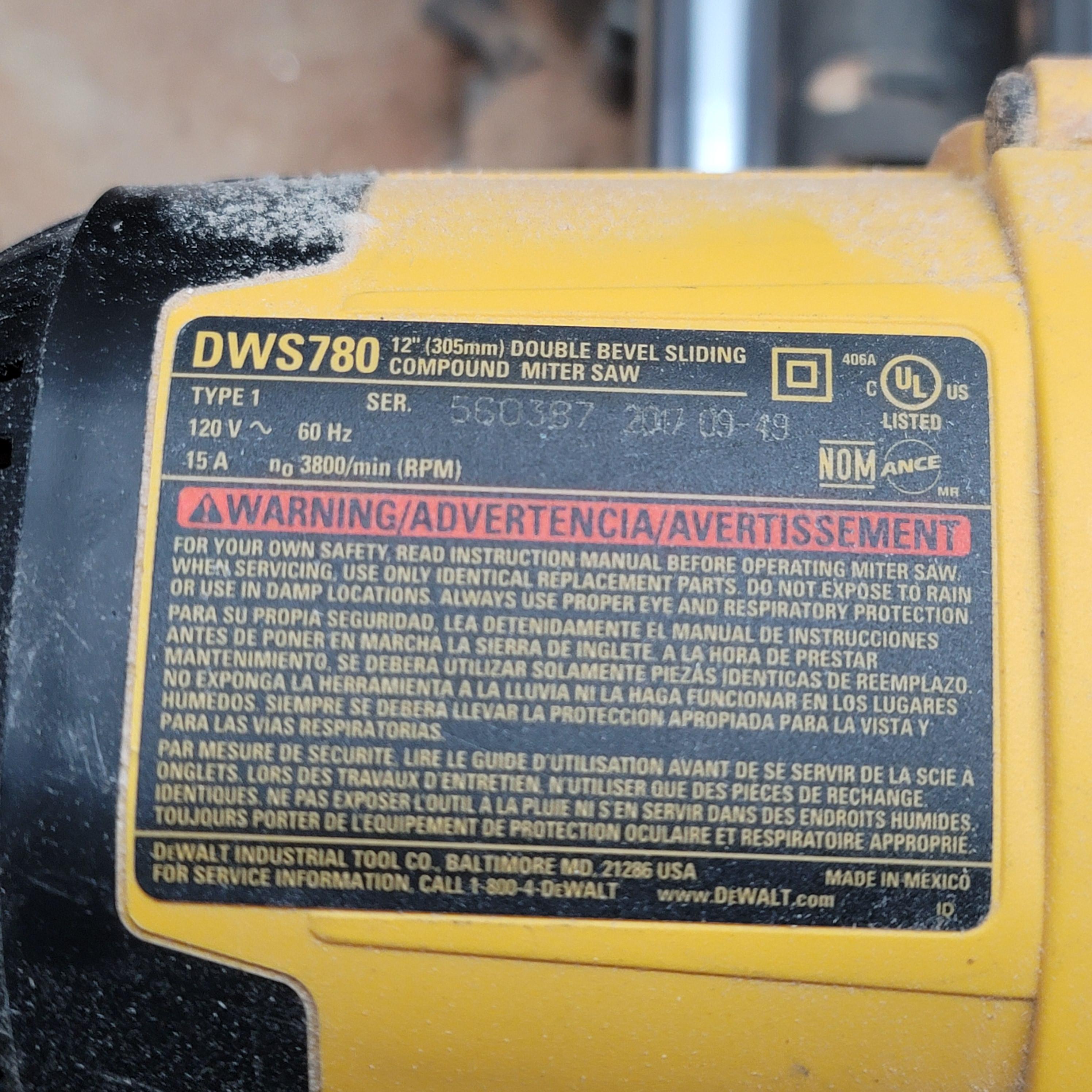 DEWALT 12" DOUBLE BEVEL SLIDING COMPOUND MITER SAW, MODEL DWS780, S/N 560387, WITH OR WITHOUT WOOD BENCH-4