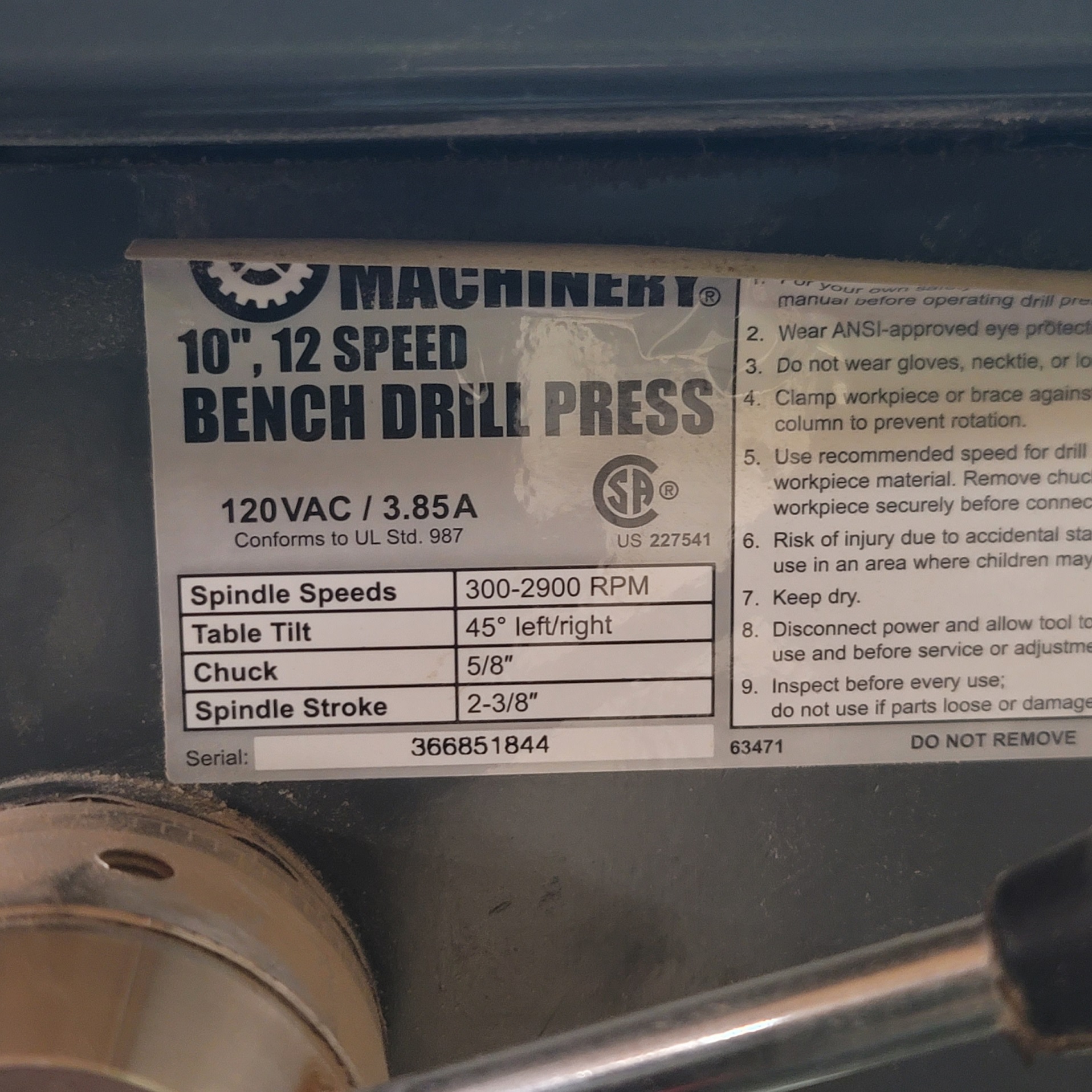 CENTRAL MACHINERY 10" BENCHTOP DRILL PRESS, 12-SPEED, S/N 366851844-5