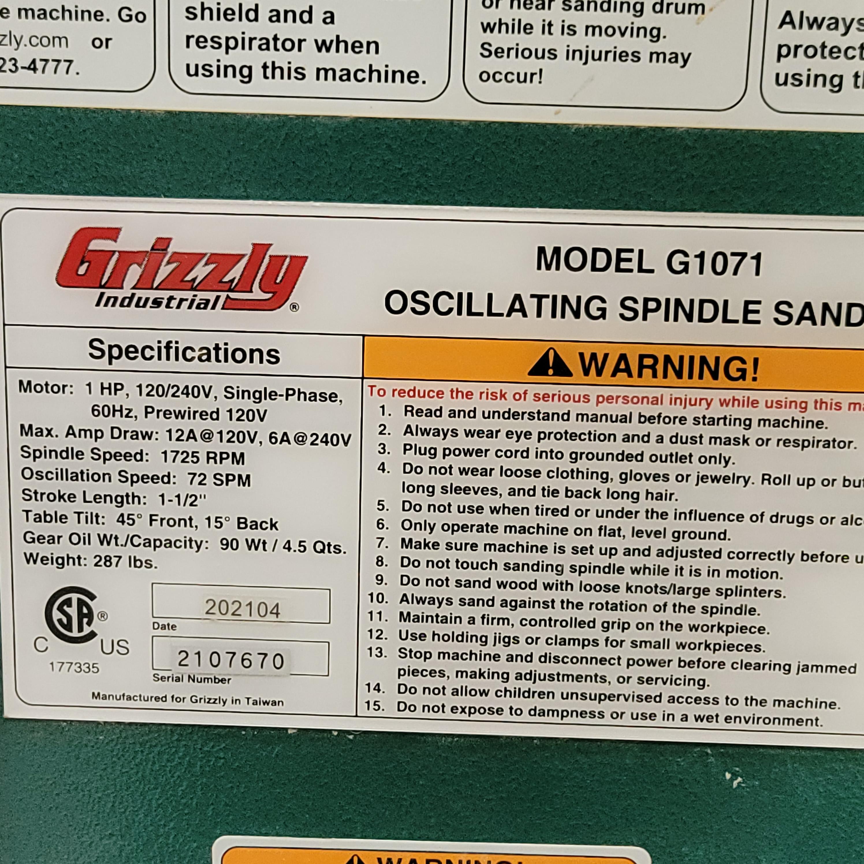2021 GRIZZLY OSCILLATING SPINDLE/DRUM SANDER, MODEL G1071, S/N 2107670-8
