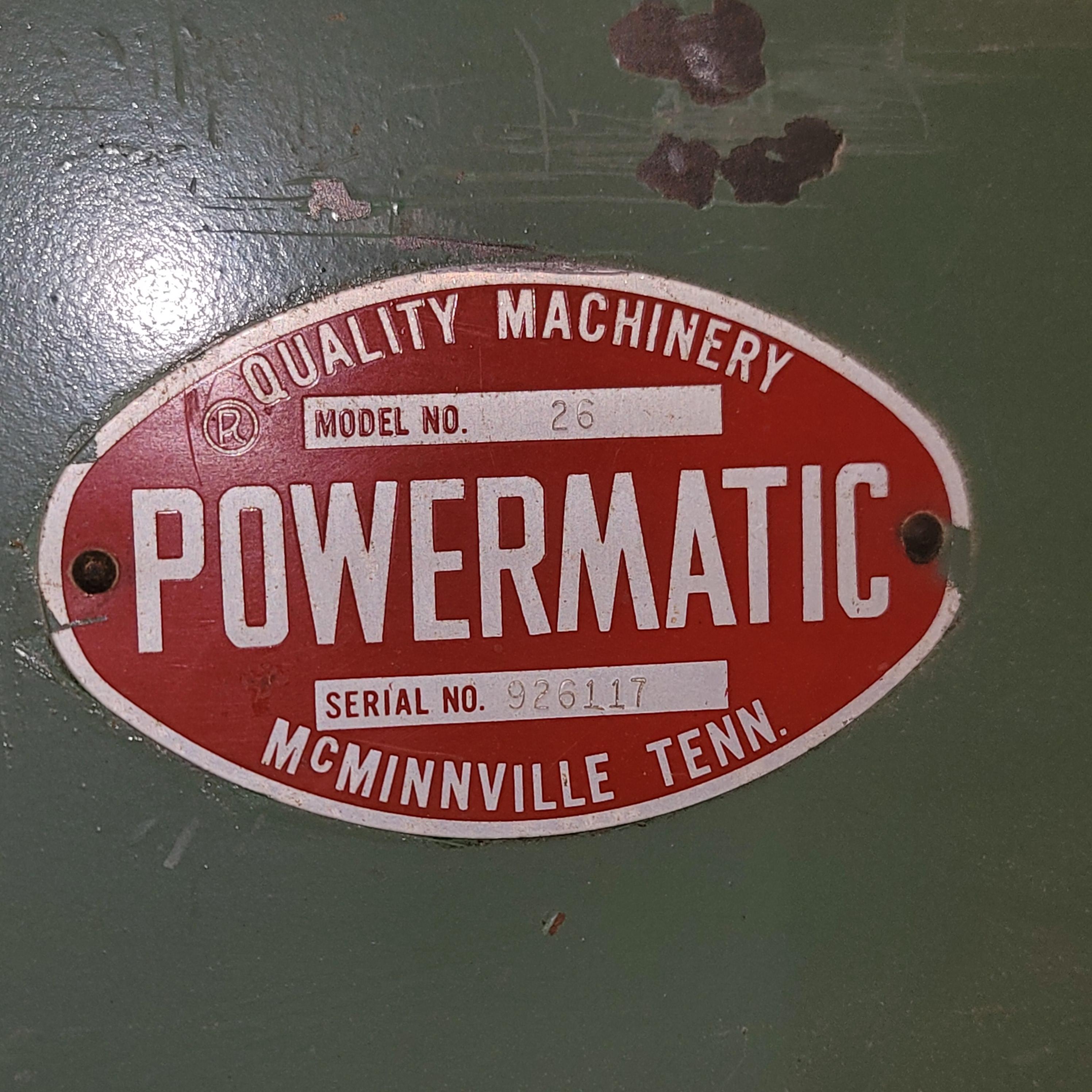 POWERMATIC WOOD SHAPER, MODEL 26, 5 HP, S/N 926117, W/ POWERMATIC PF3-JR POWER FEEDER, S/N 14030030030-13