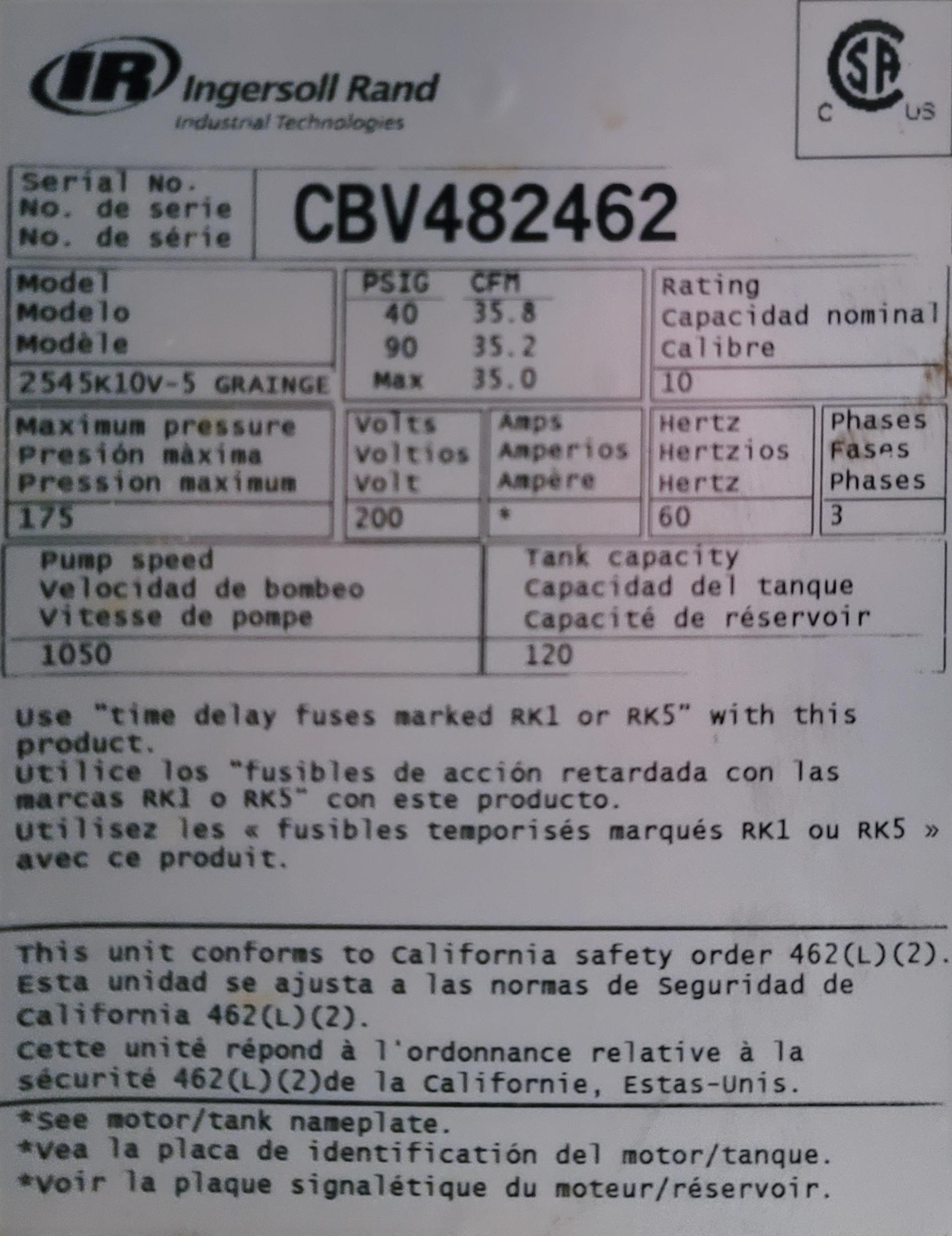 INGERSOLL RAND 2-STAGE AIR COMPRESSOR, MODEL 2545K10V-5, 10 HP, 230V, 3-PHASE, 120-GALLON TANK, 175 PSI MAX PRESSURE, S/N CBV482462-26