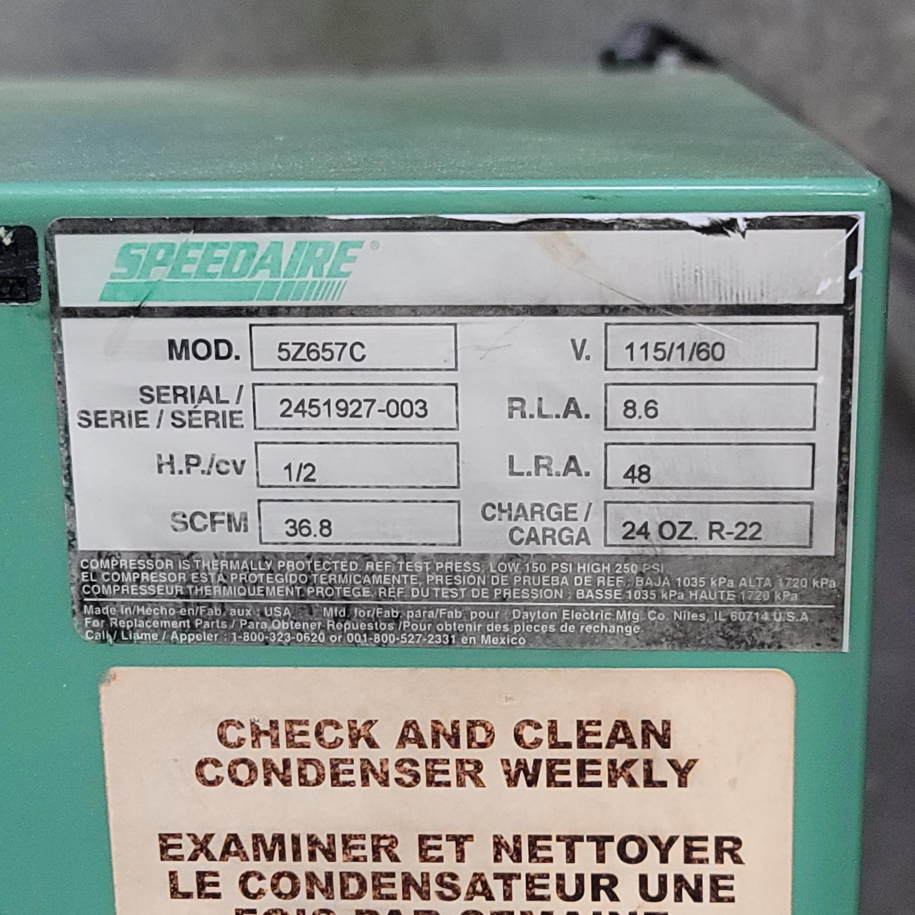 SPEEDAIRE 3-IN-1 REFRIGERATED AIR DRYER, MODEL 5Z657C, 1/2 HP, 115V, SINGLE PHASE, S/N 2451927-003-29