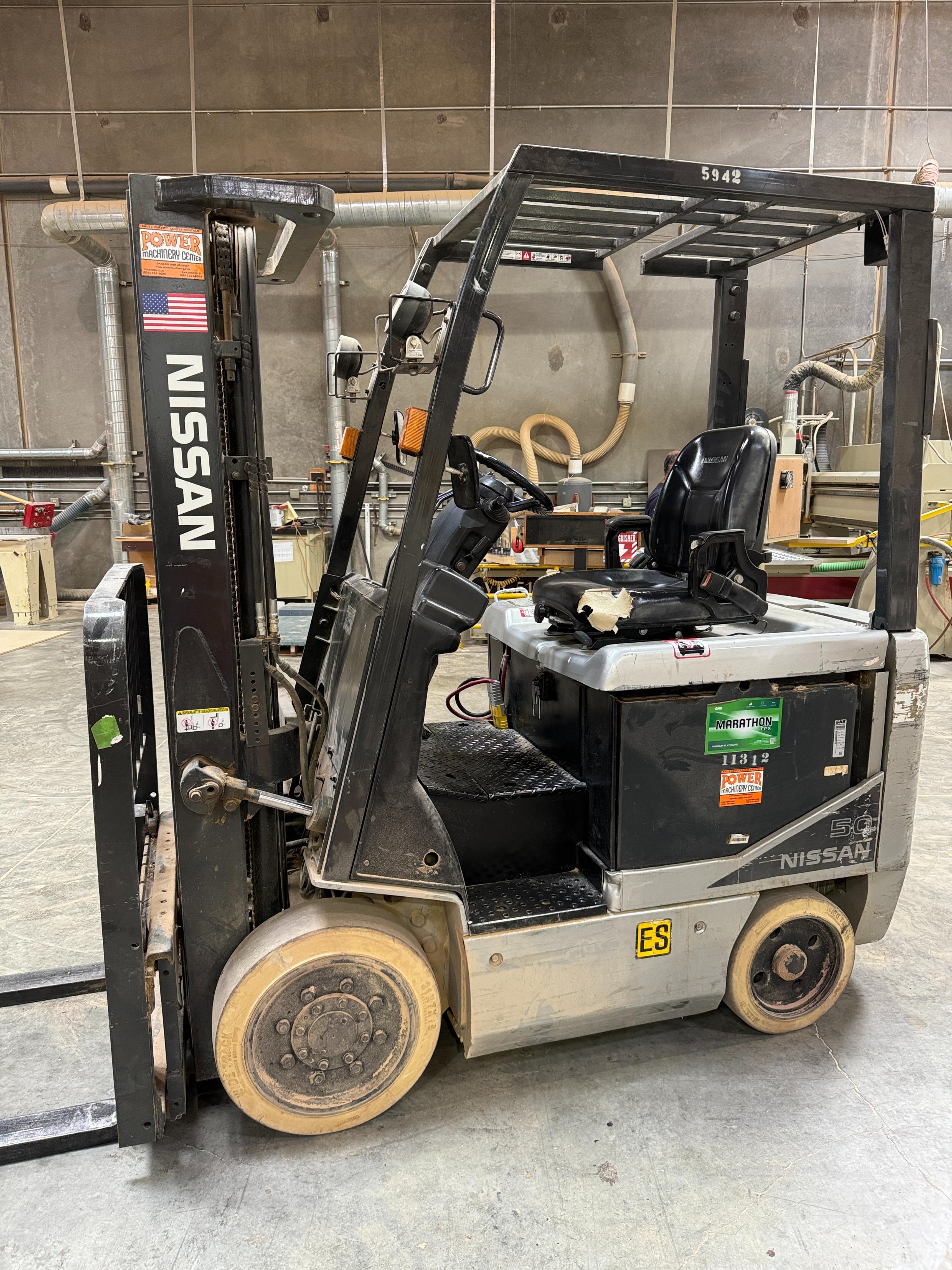 NISSAN ELECTRIC FORKLIFT, MODEL CP1B2L25S, 4,000 LB CAPACITY, 3-STAGE MAST, SIDE SHIFT, SOLID TIRES, 4' FORKS, LOAD LIGHTS, APPROX. 11,751 HOURS, S/N CP1B2-000219, W/ POWERHOUSE BATTERY CHARGER, (DELAYED PICKUP UNTIL FEBRUARY 20)-36