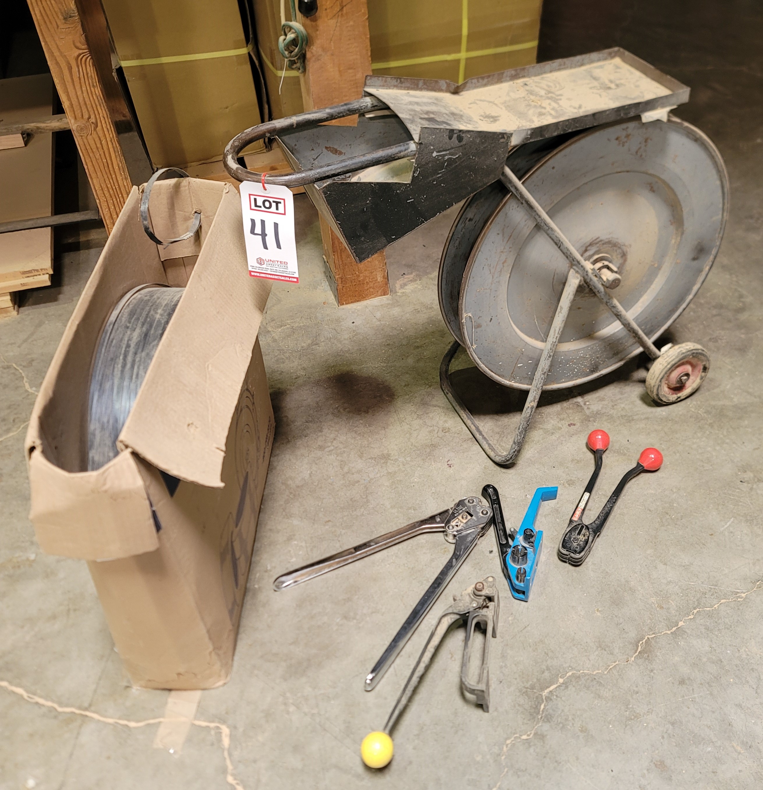 LOT - BANDING CART, W/ (2) TENSIONERS, (2) CRIMPERS AND (1) SPOOL OF 1/2" POLY STRAPPING-41