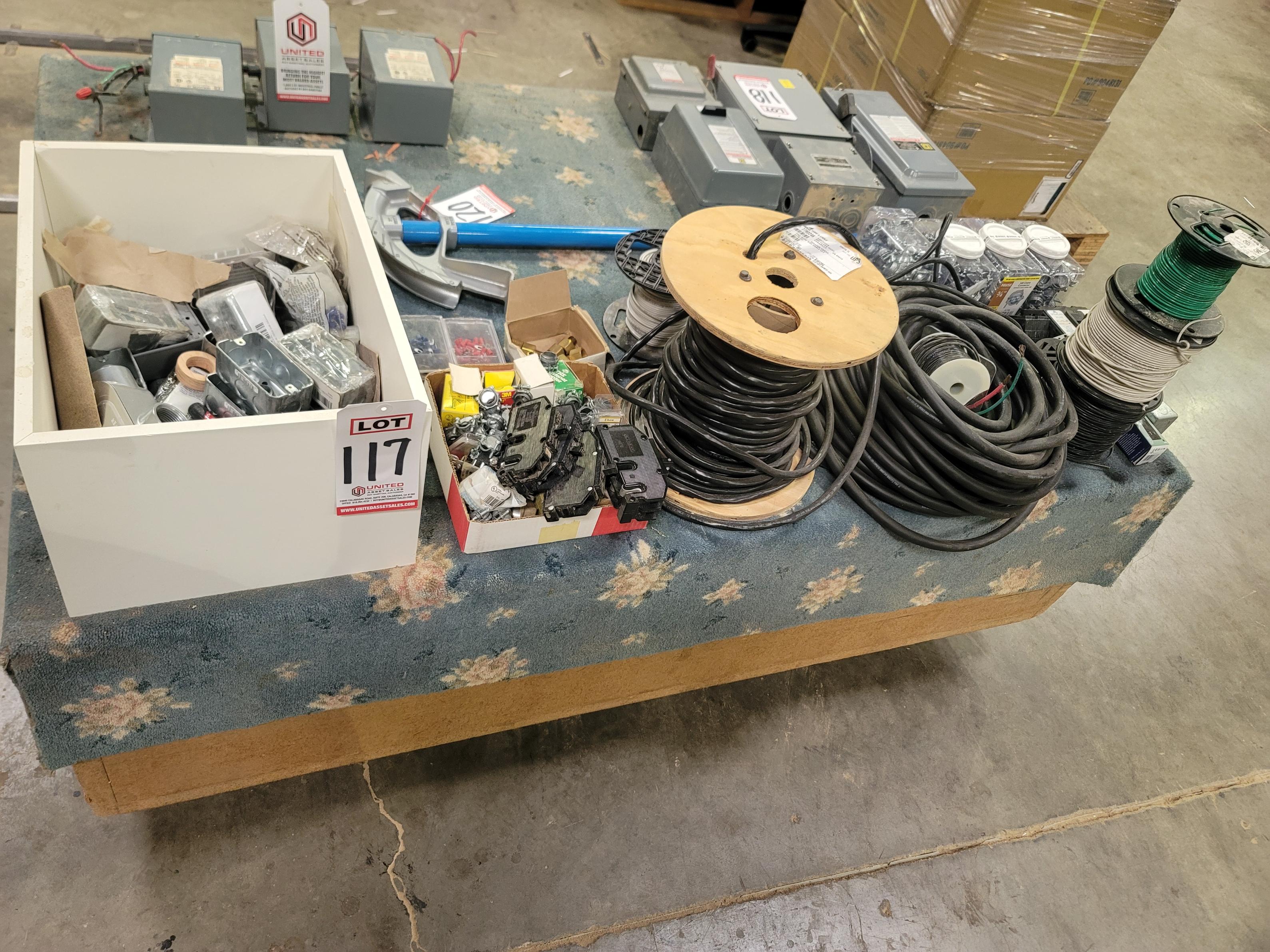 LOT - ELECTRICAL RECEPTACLES & SUPPLIES, WIRE, BREAKERS, CONDUIT-117