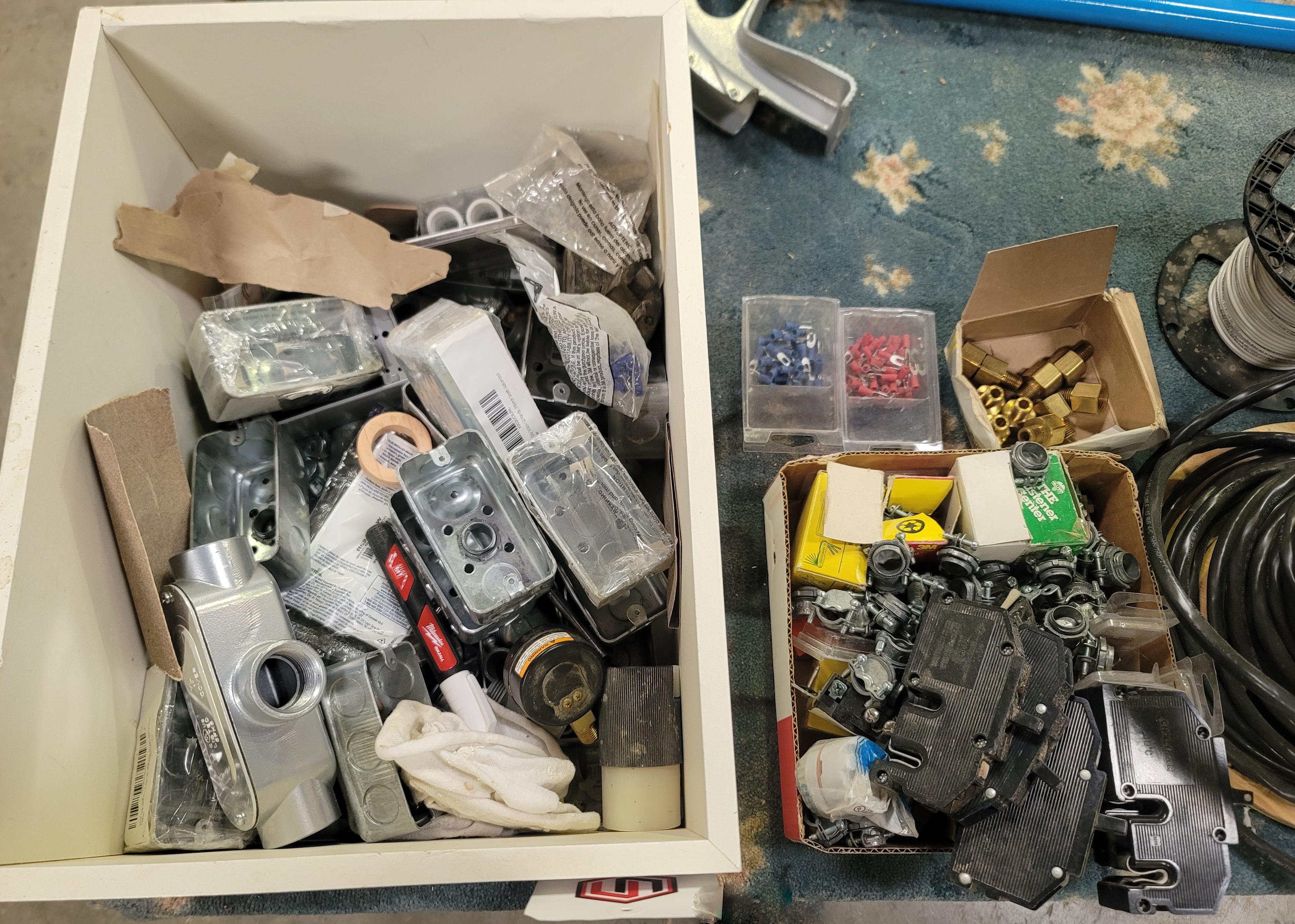 LOT - ELECTRICAL RECEPTACLES & SUPPLIES, WIRE, BREAKERS, CONDUIT-117