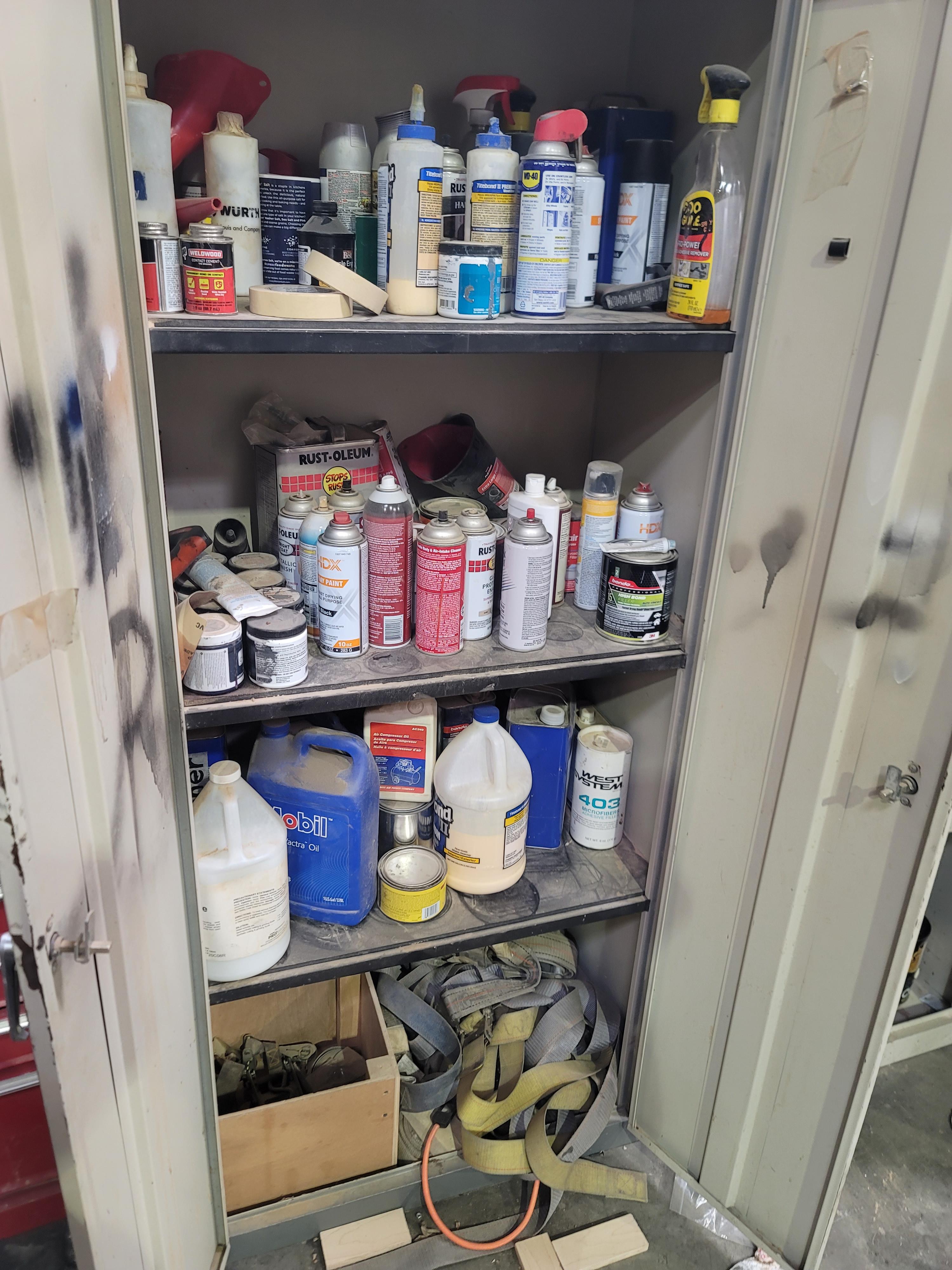 2-DOOR STORAGE CABINET, W/ CONTENTS: MISC. SOLVENTS, GLUES, ETC.-133