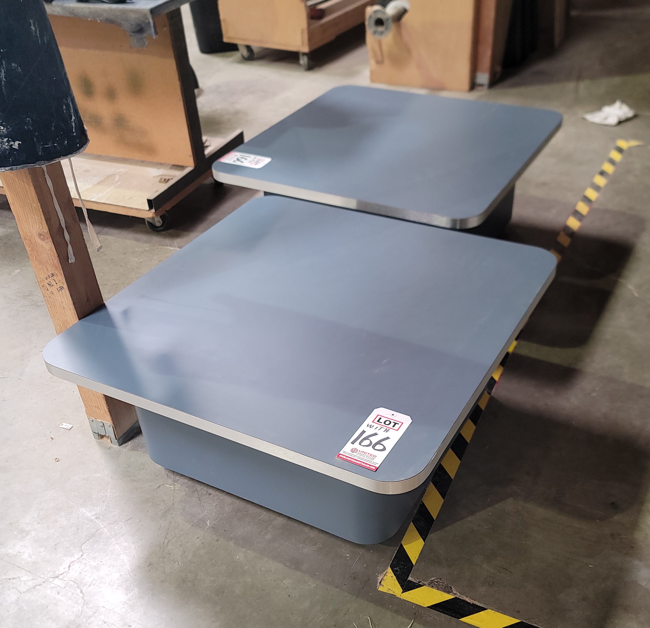 LOT - CONFERENCE TABLE, VIDEO CABINET, END TABLES, SPEAKERS, COLOR: BLUE BRUSHED & ALUMINUM-166