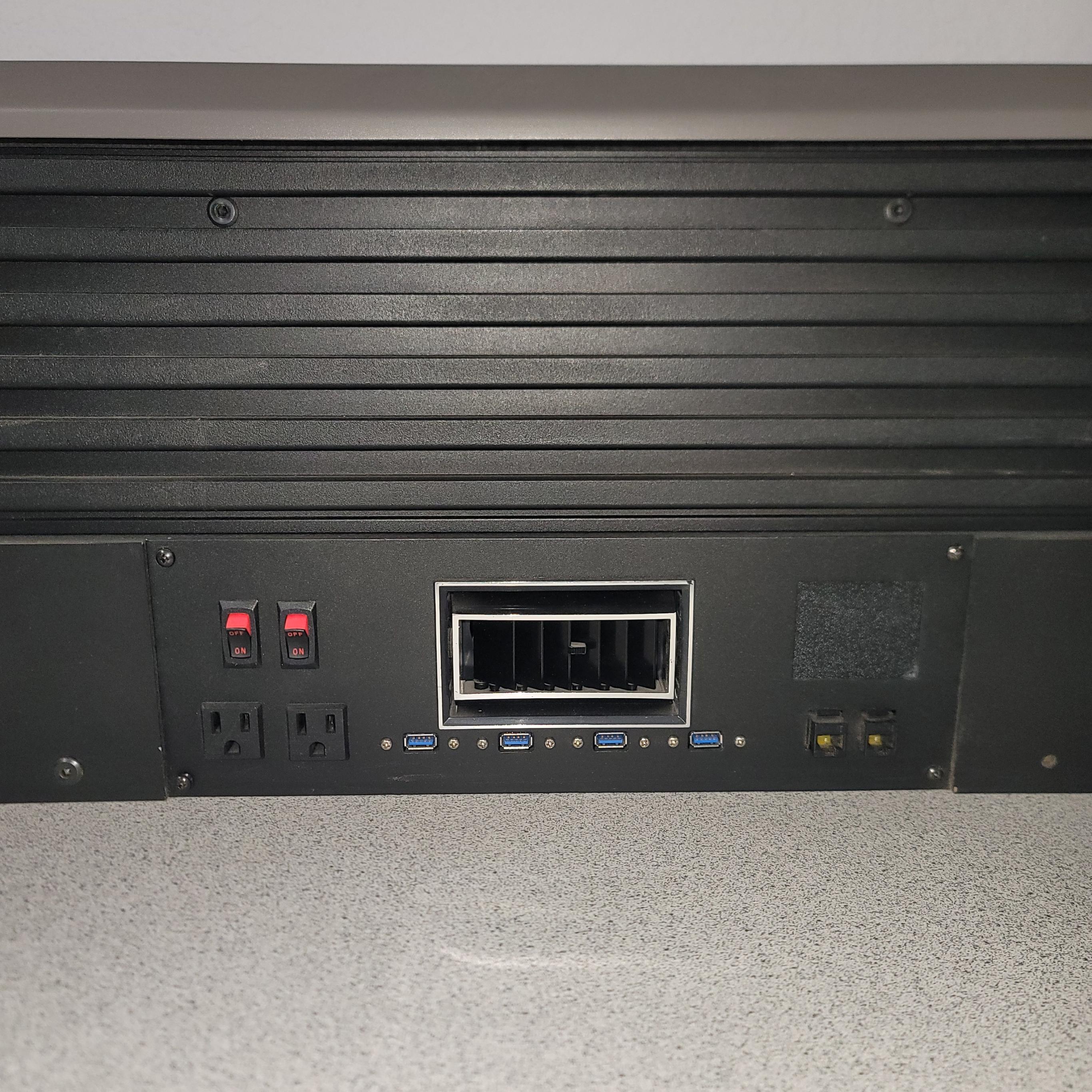 LINEAR CONSOLE W/ CHAMBERED SLATWALL, INTEGRATED CPU STORAGE, PENCIL DRAWERS, COLOR: GRANITE & GRAPHITE, DIM: 60"W X 36"D-169