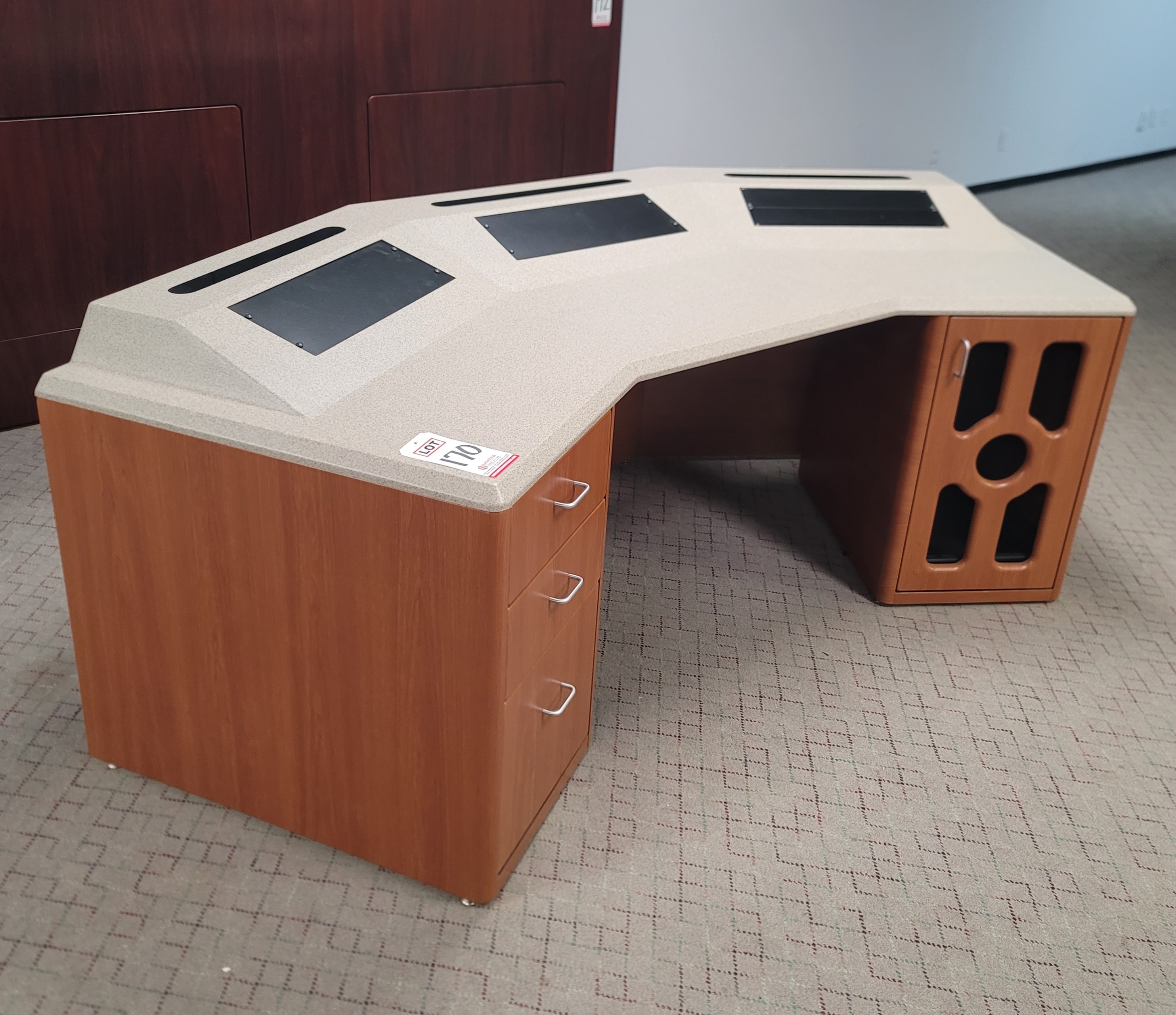 COCKPIT STYLE SECURITY CONSOLE W/ BUILT-IN EQUIPMENT RACK, MOUNT TURRET, DRAWER PEDESTAL, CPU CABINET, COLOR: GRANITE & CHERRY-170