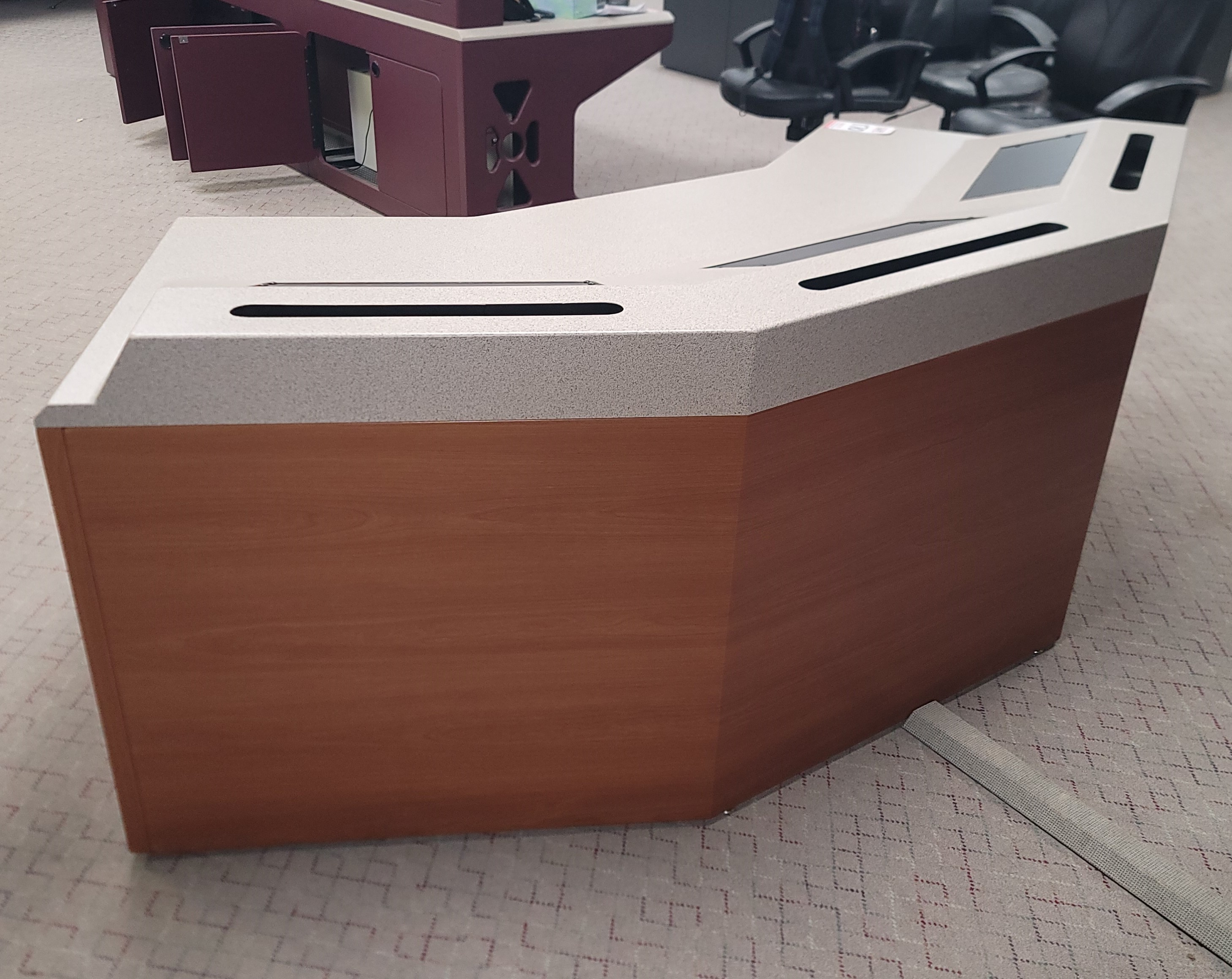 COCKPIT STYLE SECURITY CONSOLE W/ BUILT-IN EQUIPMENT RACK, MOUNT TURRET, DRAWER PEDESTAL, CPU CABINET, COLOR: GRANITE & CHERRY-170