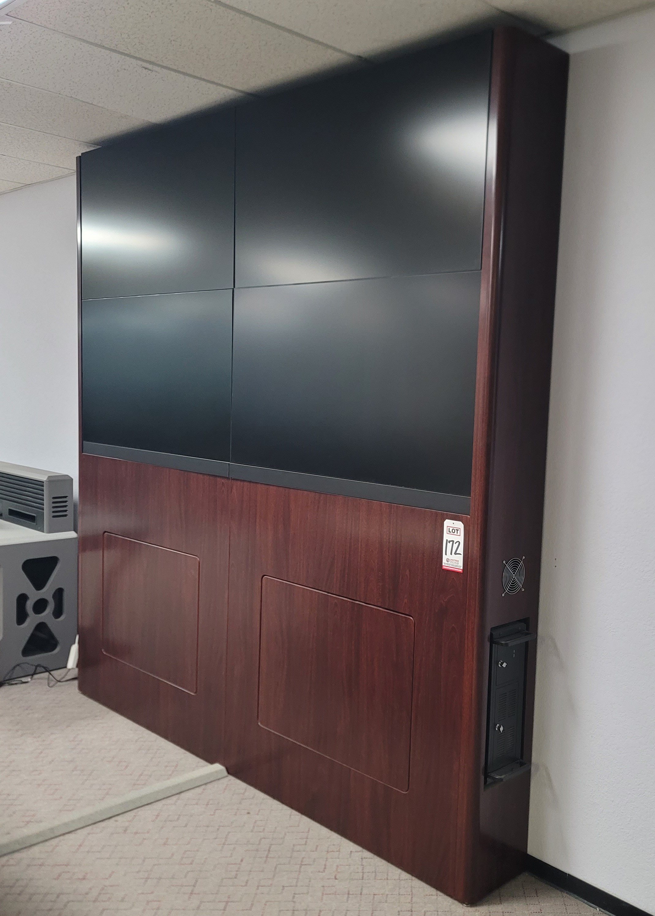 VIDEO WALL CABINET W/ (4) 55" NEC ULTRA-THIN MULLION LCD PANELS ON TOUCH-LATCH MOUNTS, COLOR: MAHOGANY-172