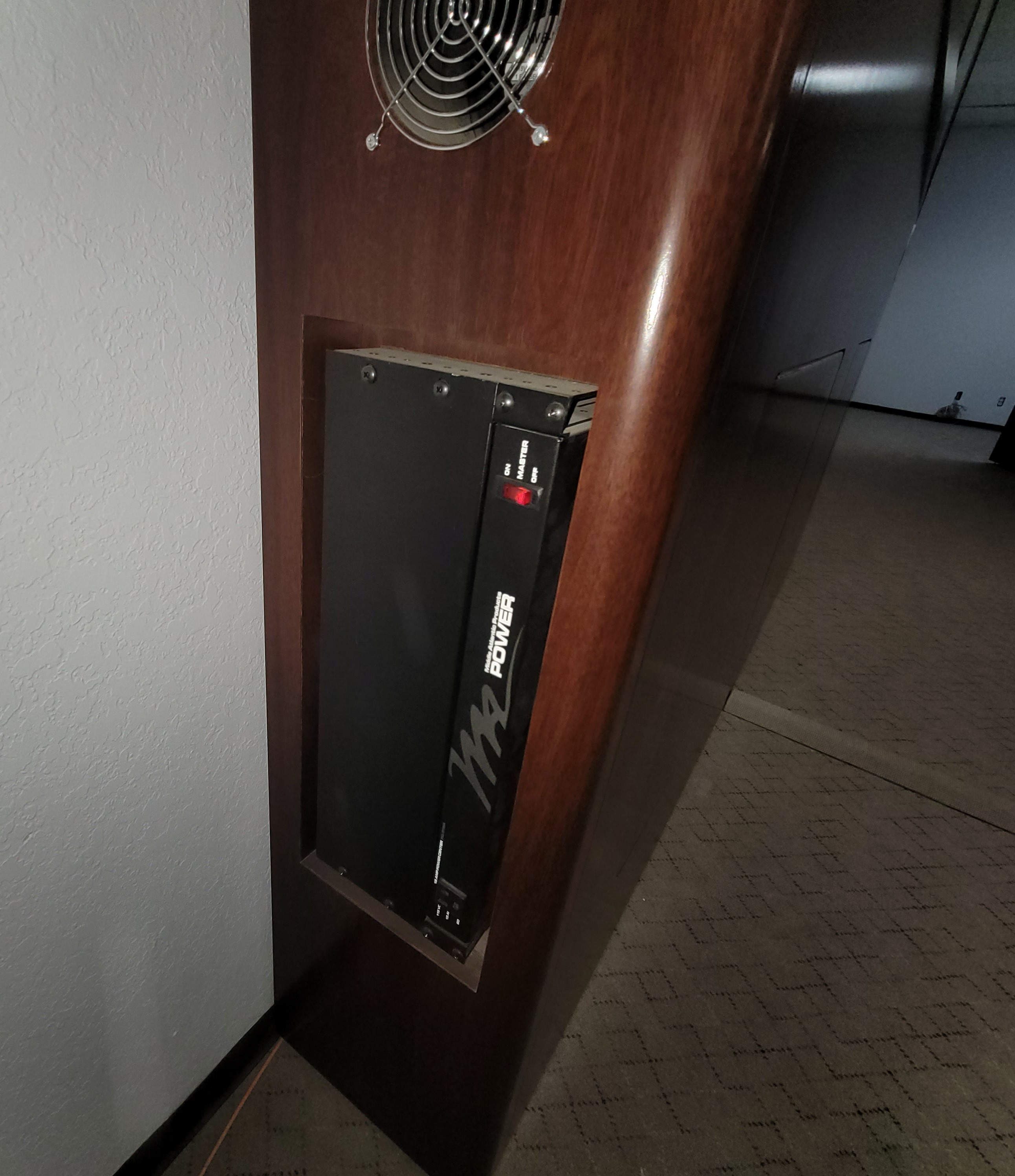 VIDEO WALL CABINET W/ (4) 55" NEC ULTRA-THIN MULLION LCD PANELS ON TOUCH-LATCH MOUNTS, COLOR: MAHOGANY-172