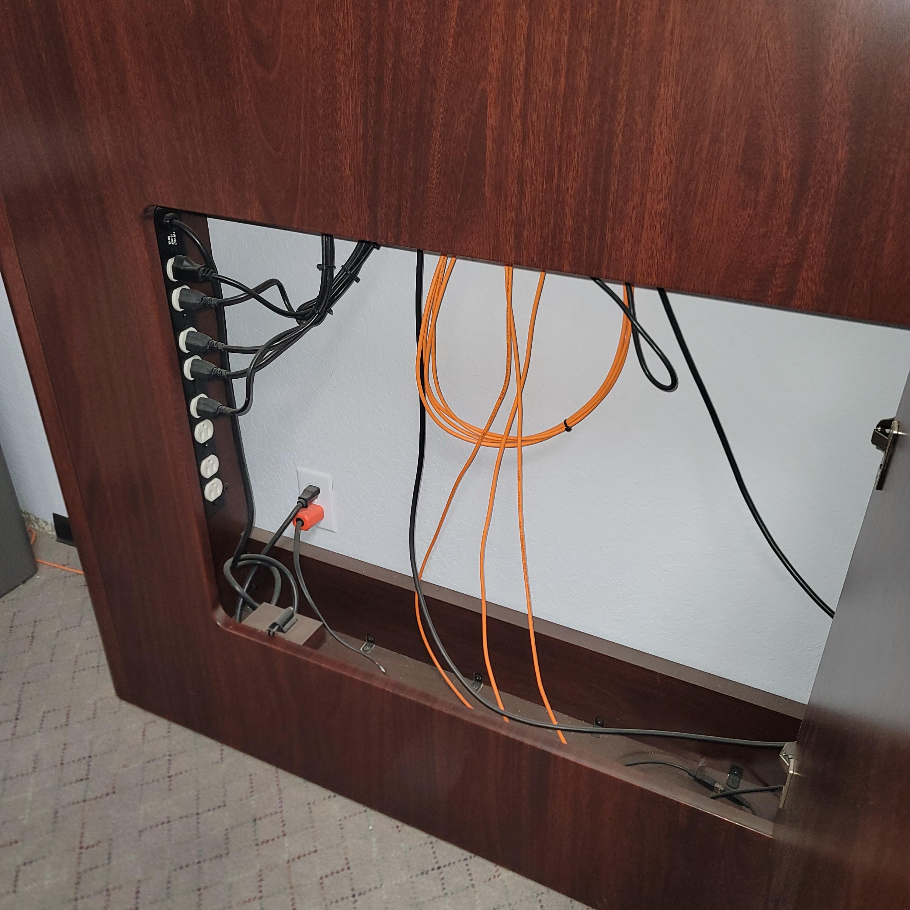 VIDEO WALL CABINET W/ (4) 55" NEC ULTRA-THIN MULLION LCD PANELS ON TOUCH-LATCH MOUNTS, COLOR: MAHOGANY-172