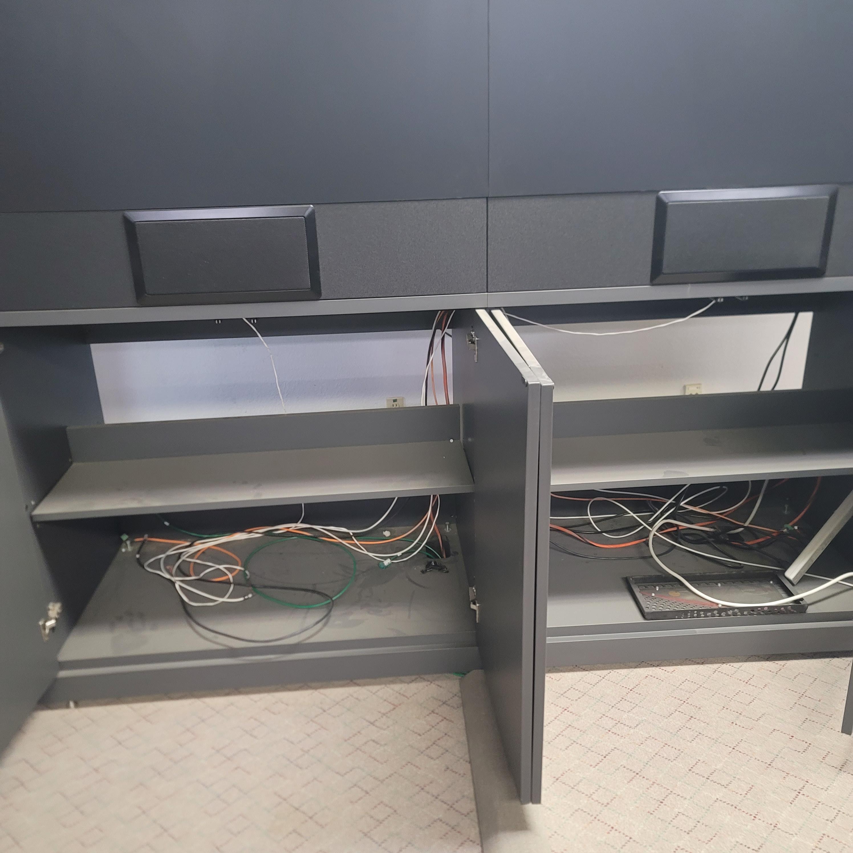 VIDEO WALL CABINET W/ (4) HIGH RESOLUTION 50" CLARITY VIDEO CUBES, SPEAKERS, COLOR: WROUGHT IRON-175