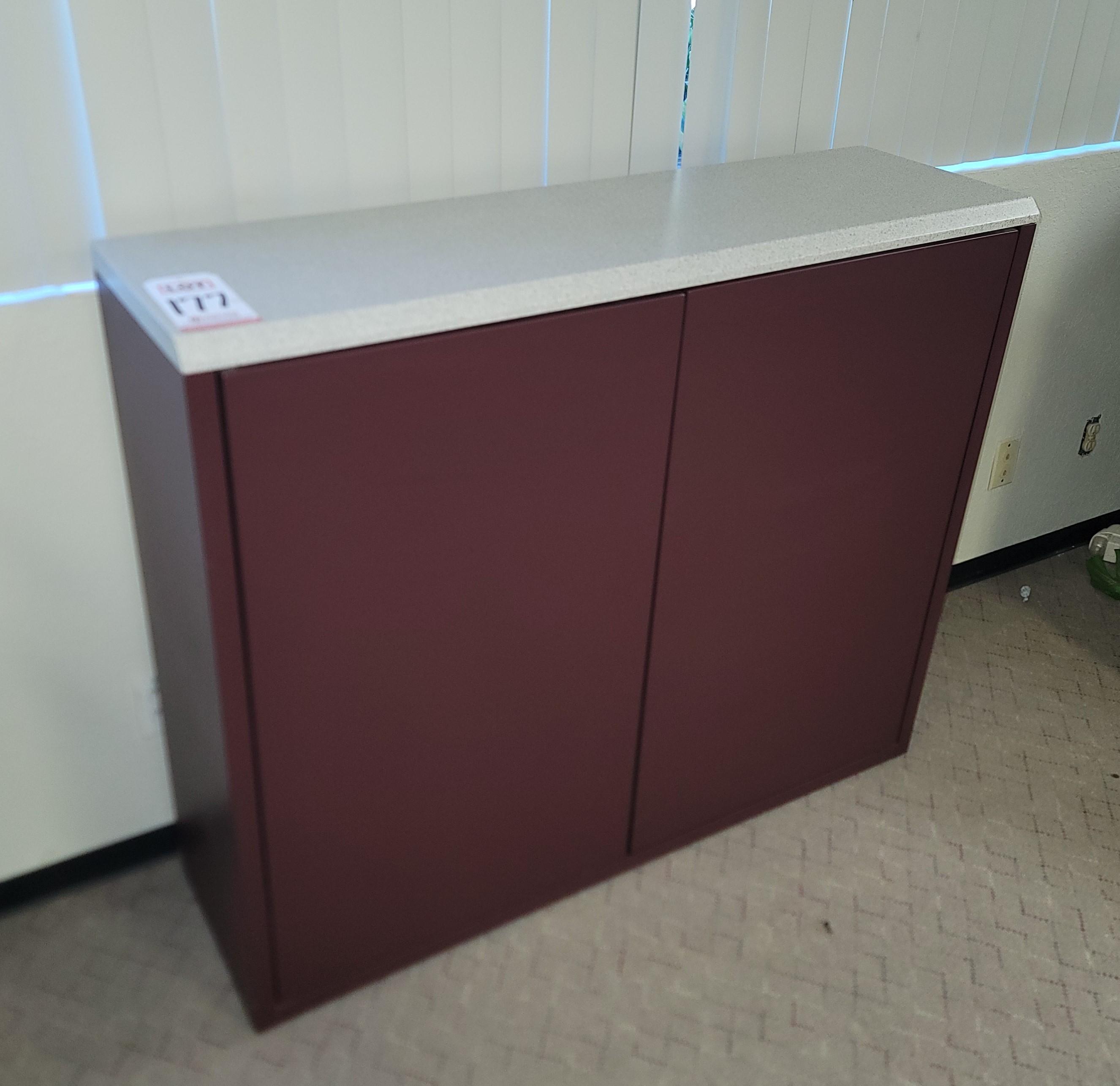 BOOKCASE W/ SOLID DOORS, COLOR: SANGRIA & SAND PEBBLE, DIM: 48"W X 14"D X 40"T-177