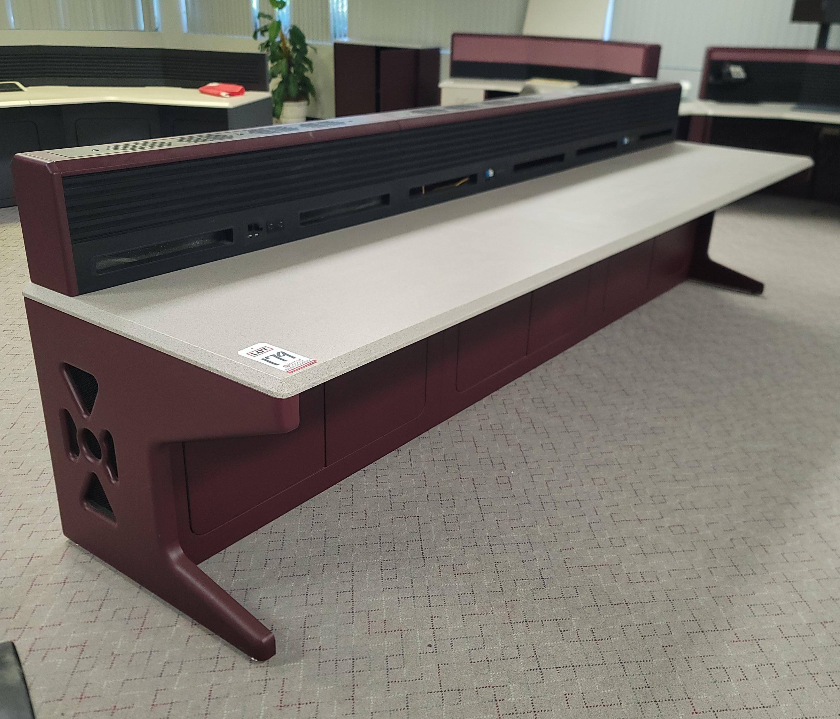 LINEAR CONSOLE CONFIGURATION W/ CHAMBERED SLATWALL, COLOR: GRANITE & SANGRIA, DIM: 144" X 36"-179