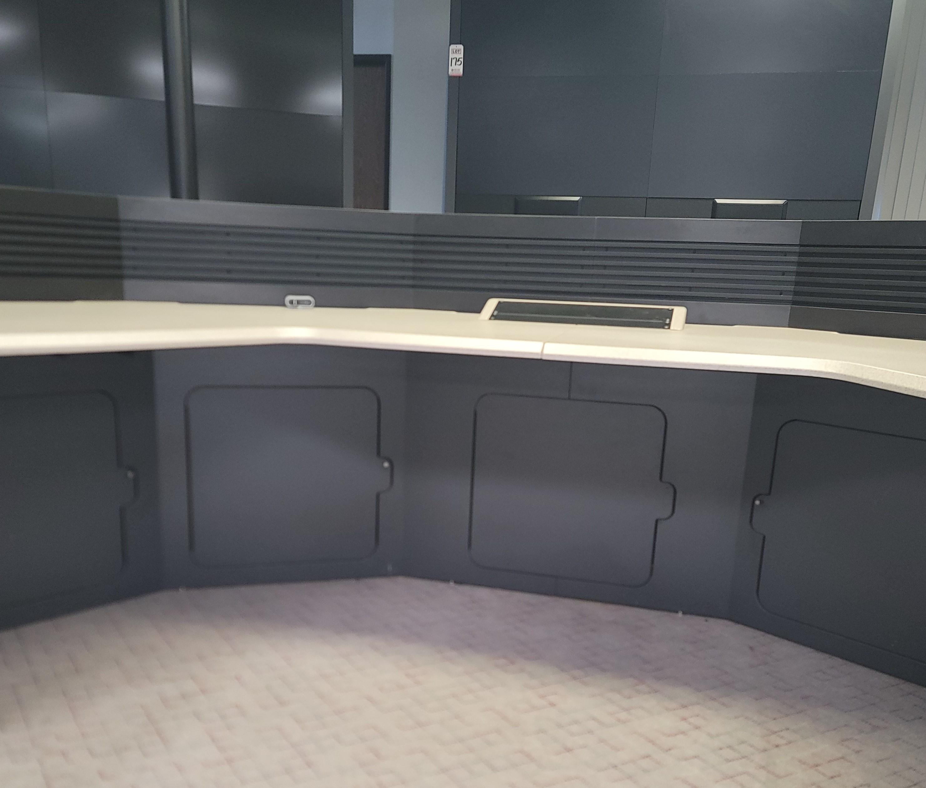 COCKPIT STYLE GULLWING CONSOLE CONFIGURATION W/ SLATWALLS AND PIE-SHAPED STORAGE TRANSITION, COLOR: GRANITE & WROUGHT IRON-180