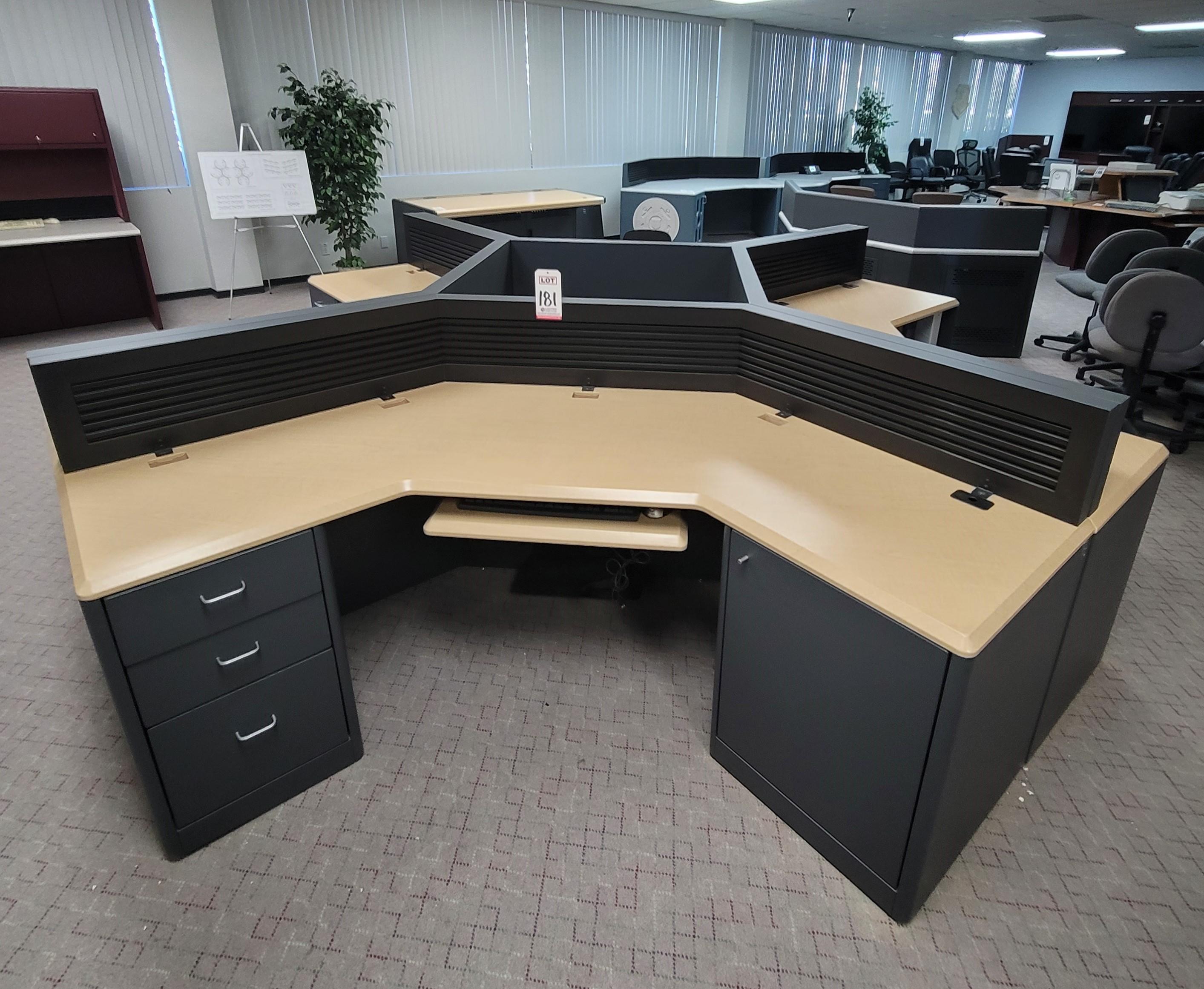 LOT - (4) L-SHAPE CONSOLE CONFIGURATIONS OF FOUR W/ SLATWALLS, STORAGE CABINETS, COLOR: ASH & WROUGHT IRON-181