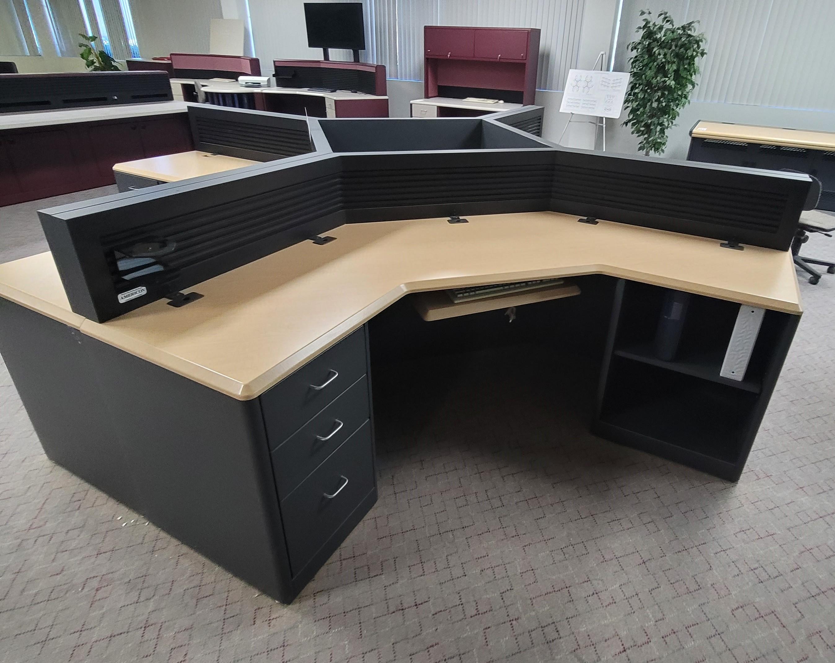 LOT - (4) L-SHAPE CONSOLE CONFIGURATIONS OF FOUR W/ SLATWALLS, STORAGE CABINETS, COLOR: ASH & WROUGHT IRON-181