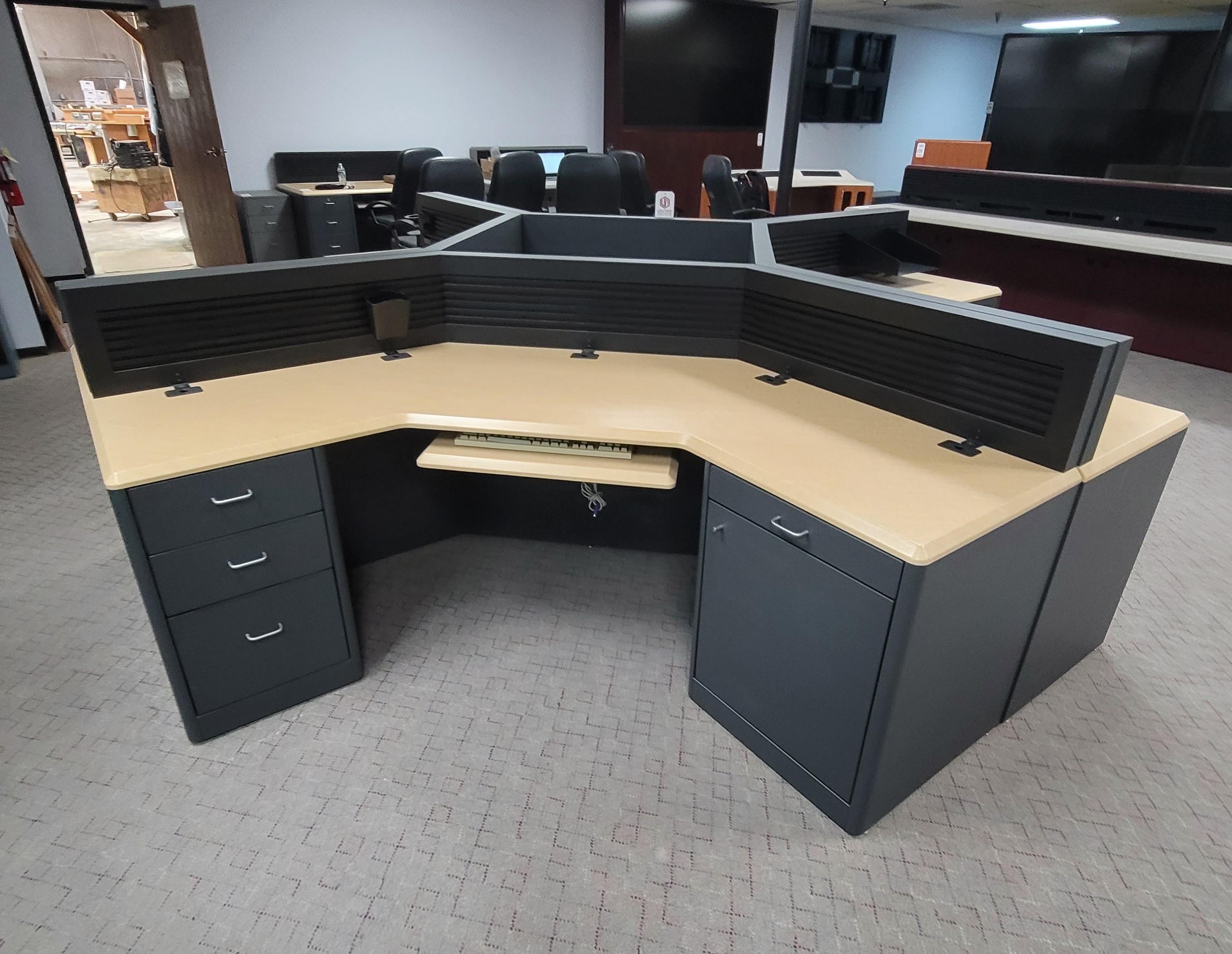 LOT - (4) L-SHAPE CONSOLE CONFIGURATIONS OF FOUR W/ SLATWALLS, STORAGE CABINETS, COLOR: ASH & WROUGHT IRON-181